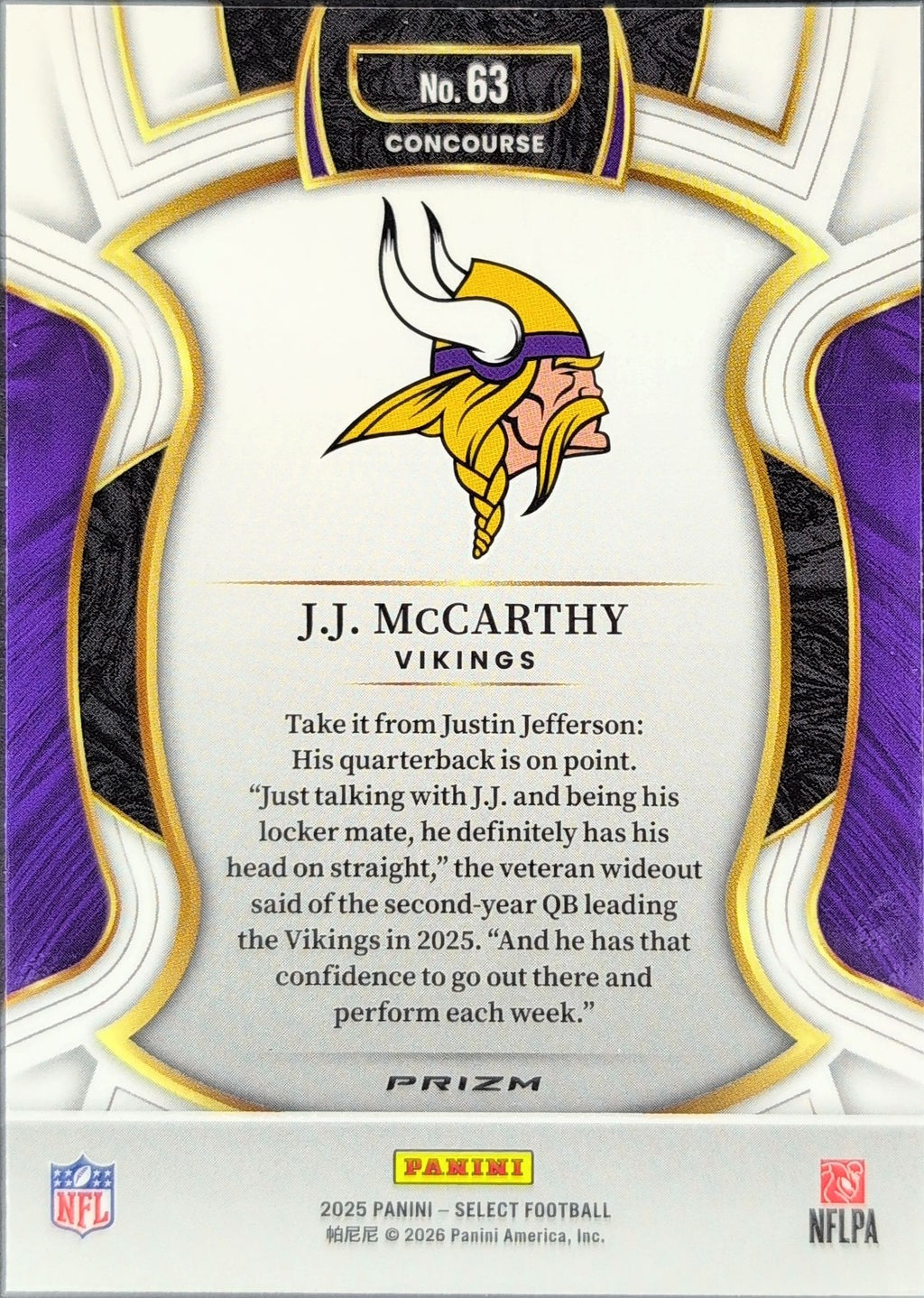 2025 Panini Select J.J. McCarthy #63 Black and Green Prizm Shock Minnesota Vikings back