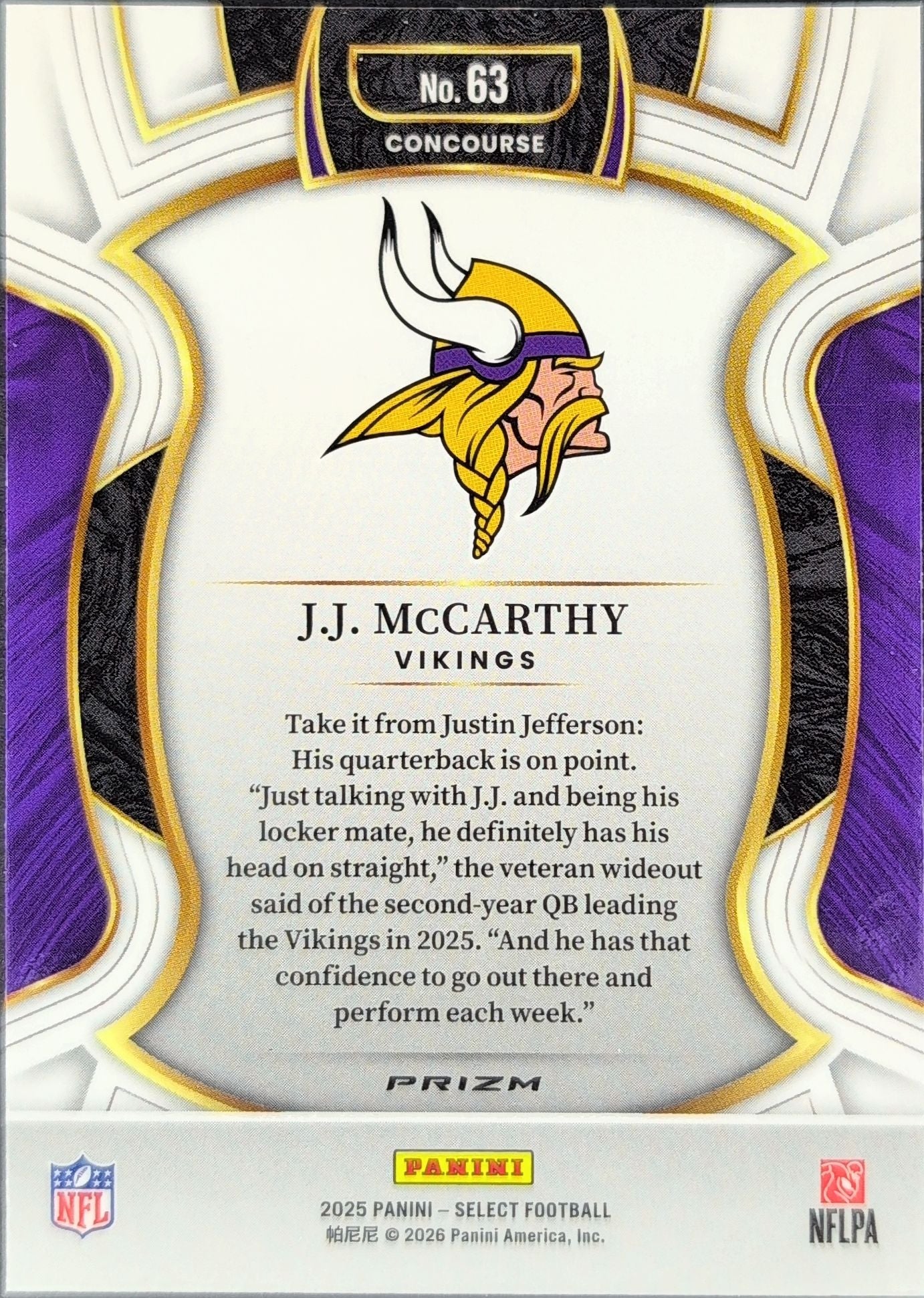 2025 Panini Select J.J. McCarthy #63 Black and Green Prizm Shock Minnesota Vikings back