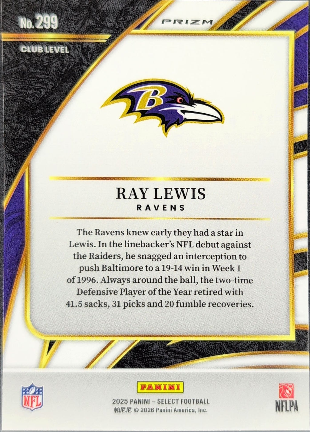 2025 Panini Select Ray Lewis #299 Black and Green Prizm Shock Baltimore Ravens back