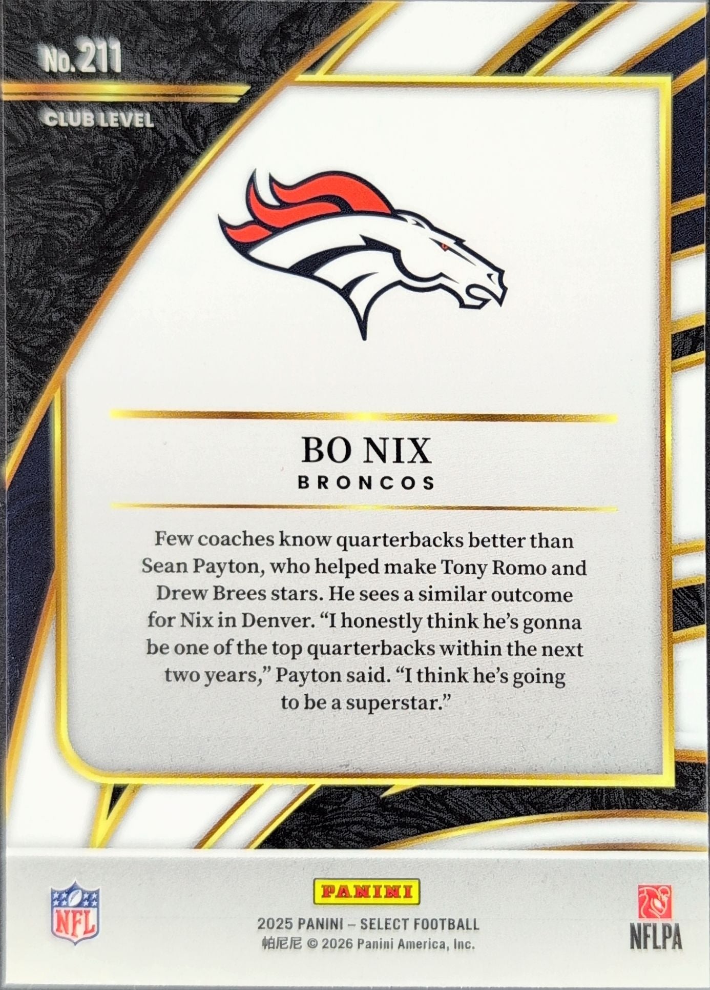 2025 Panini Select Bo Nix #211 Denver Broncos back