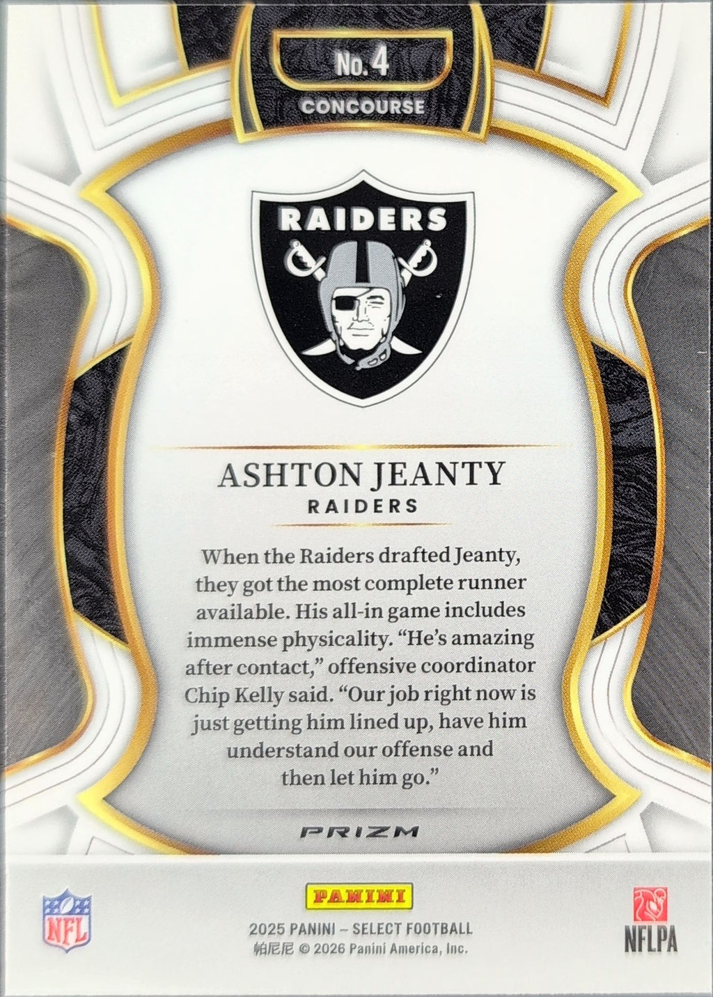 2025 Panini Select Ashton Jeanty #4 Black and Green Prizm Shock RC Las Vegas Raiders back