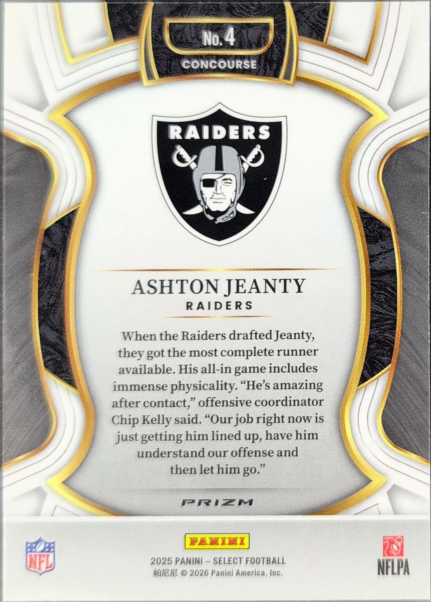 2025 Panini Select Ashton Jeanty #4 Black and Green Prizm Shock RC Las Vegas Raiders back