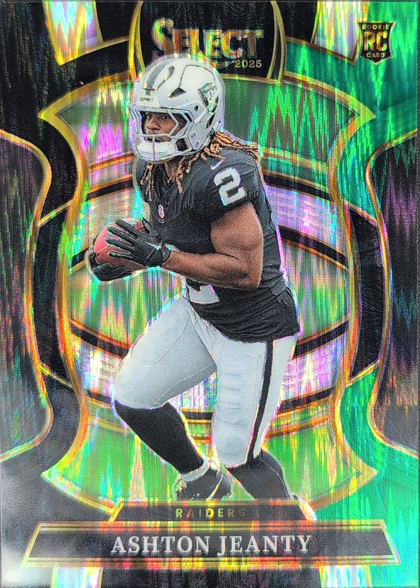 2025 Panini Select Ashton Jeanty #4 Black and Green Prizm Shock RC Las Vegas Raiders front