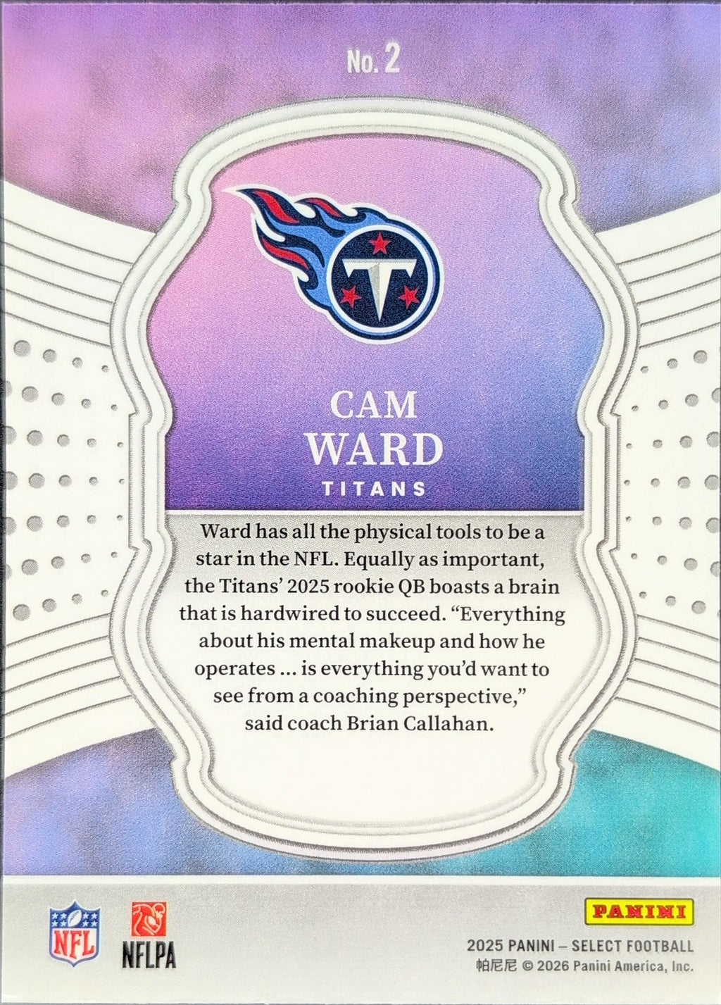 2025 Panini Select Cam Ward #2 Select Certified Rookies Tennessee Titans back