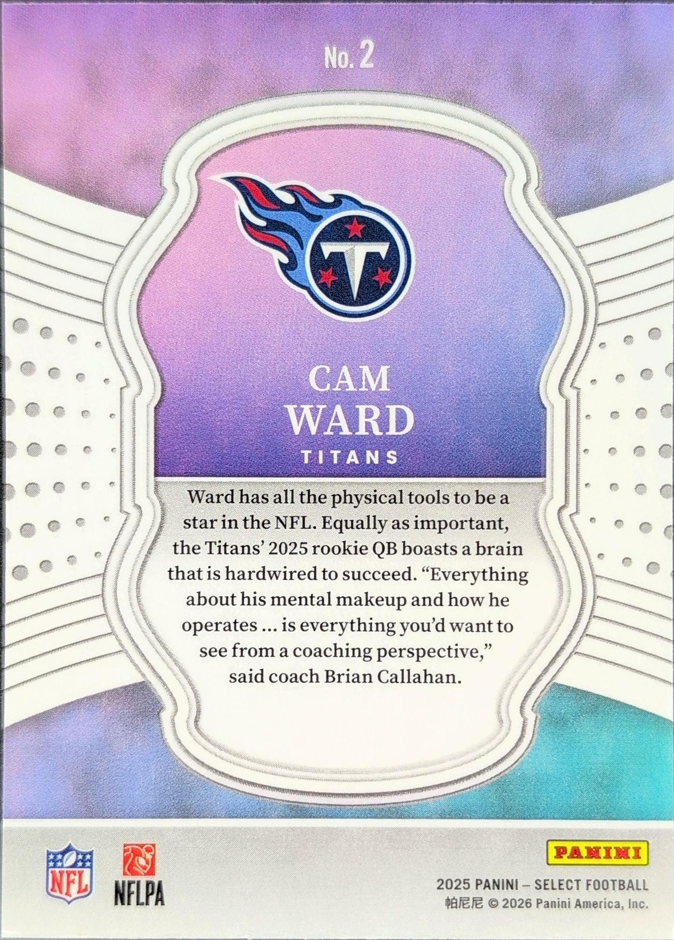 2025 Panini Select Cam Ward #2 Select Certified Rookies Tennessee Titans back