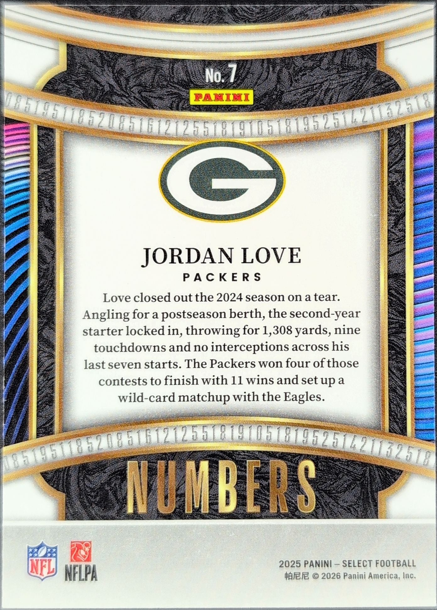2025 Panini Select Jordan Love #7 Select Numbers Green Bay Packers back