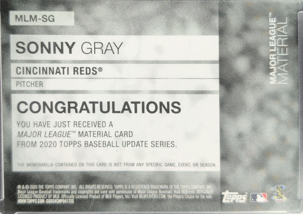 2020 Topps Update Sonny Gray #MLM-SG Major League Material Relics MEM Cincinnati Reds back