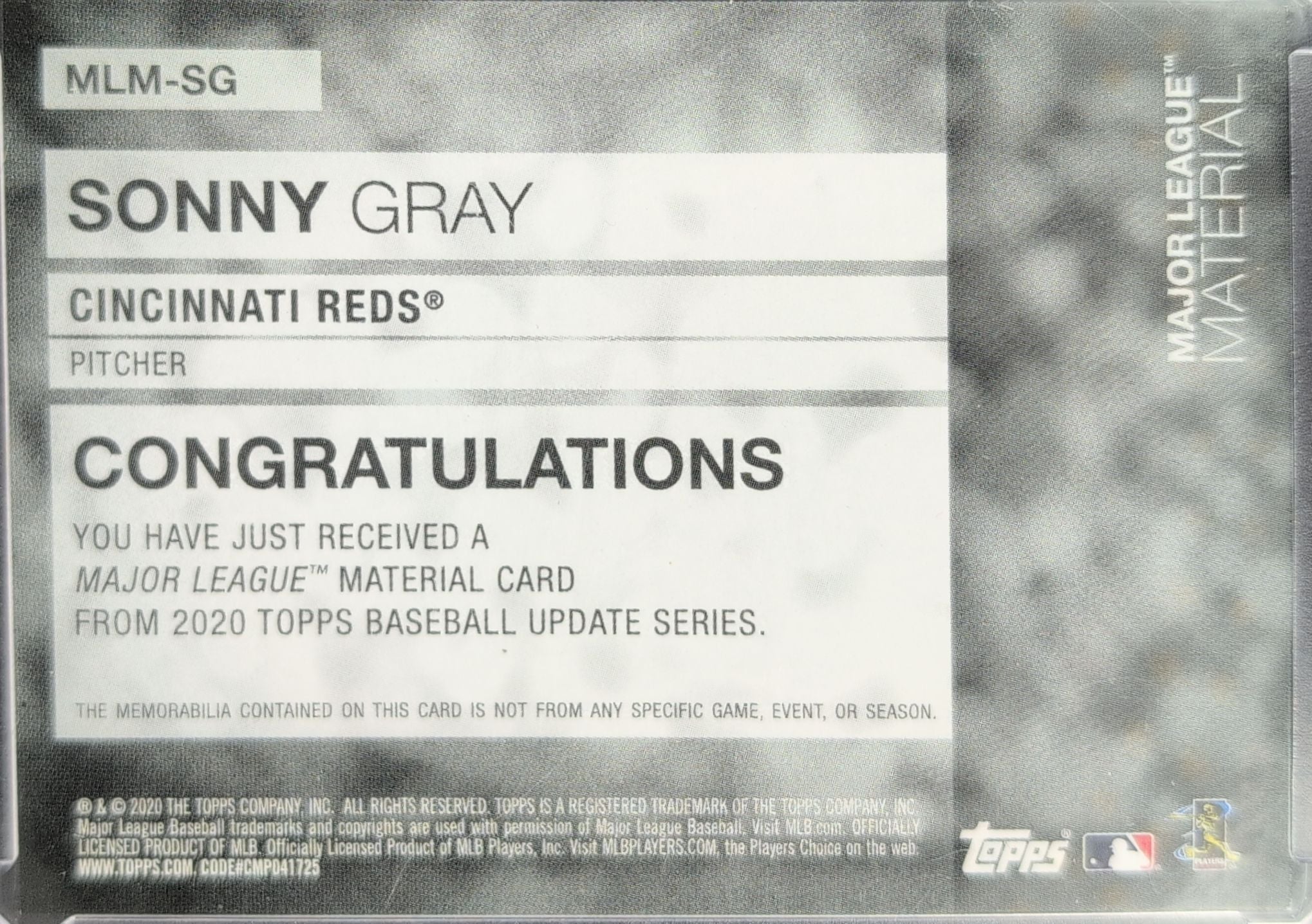 2020 Topps Update Sonny Gray #MLM-SG Major League Material Relics MEM Cincinnati Reds back