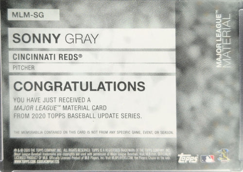 2020 Topps Update Sonny Gray #MLM-SG Major League Material Relics MEM Cincinnati Reds back