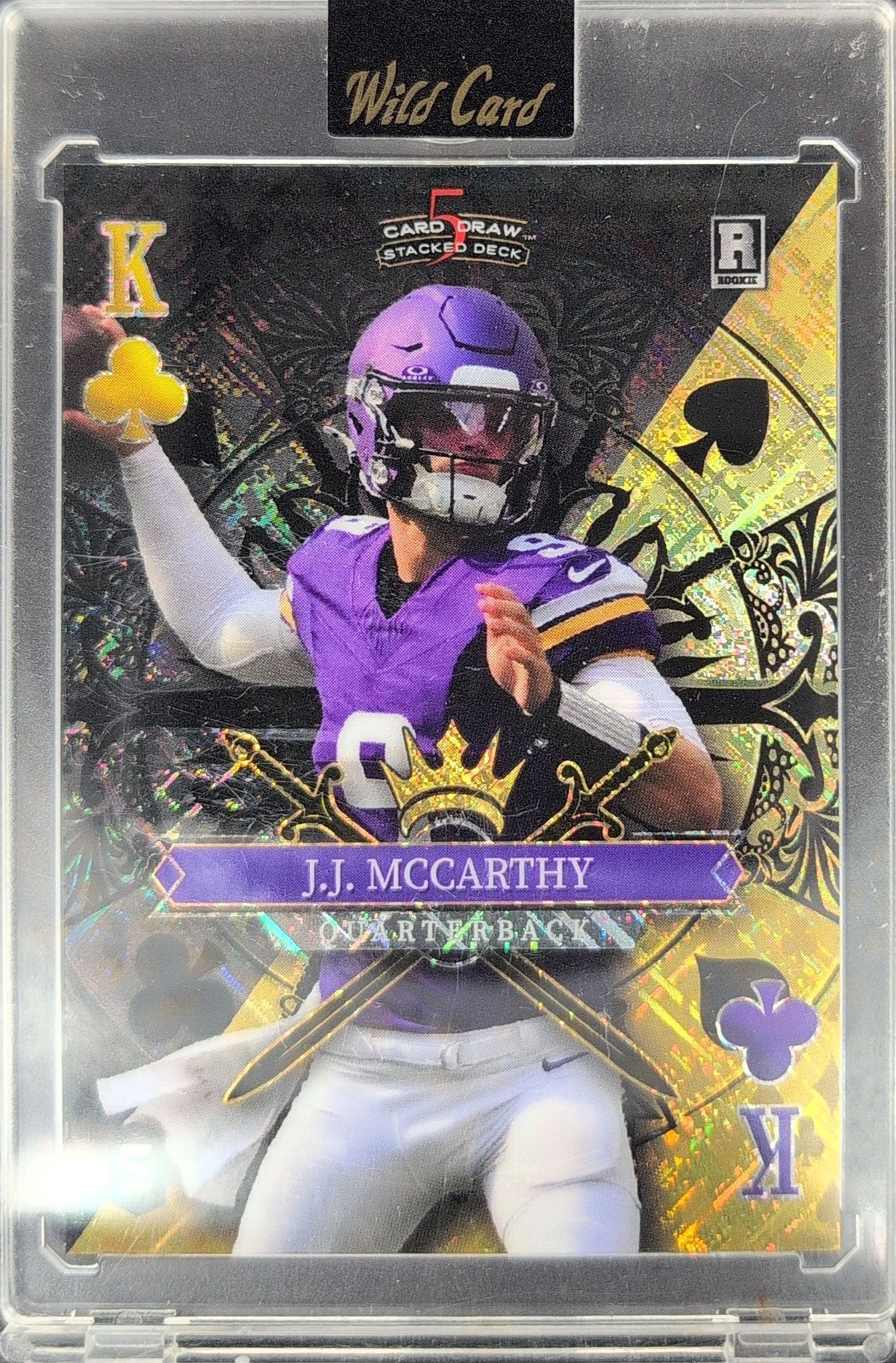 JJ McCarthy 2024 Wild Card 5 Card Draw Stacked Deck Jumbo - Single Diagonal King of Clubs Cross Hatch ColorMatch #SDJC-JMN Minnesota Vikings - front image