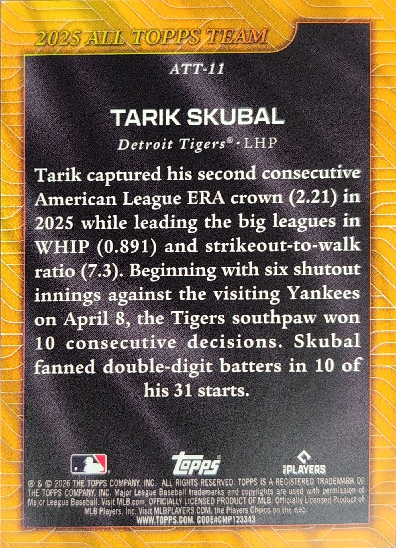 Tarik Skubal 2026 Topps #ATT-11 2025 All Topps Team Pink Foil Detroit Tigers