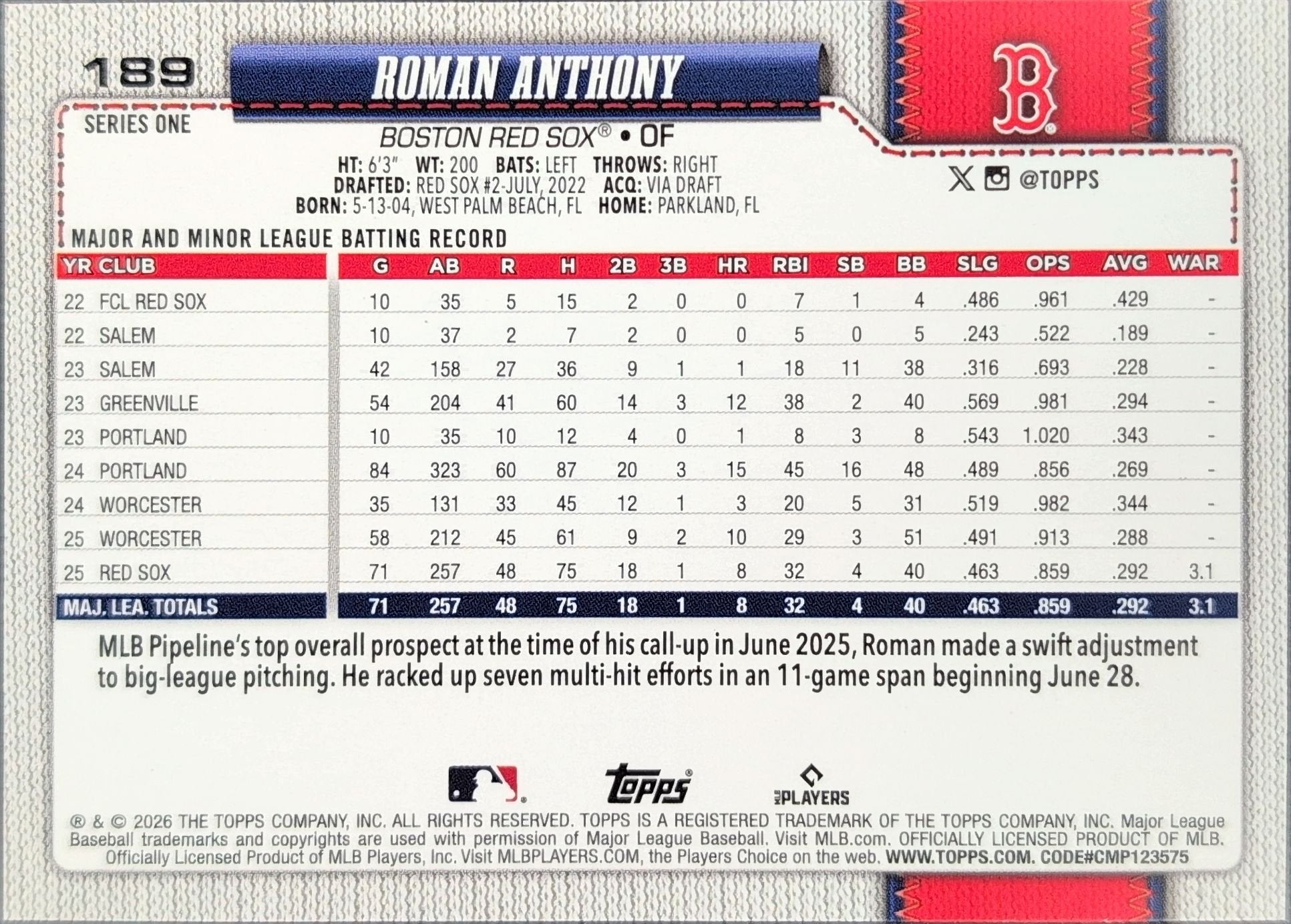 Roman Anthony 2026 Topps #189 Companion Card Variation Yellow Jersey Rookie RC Boston Red Sox - back image