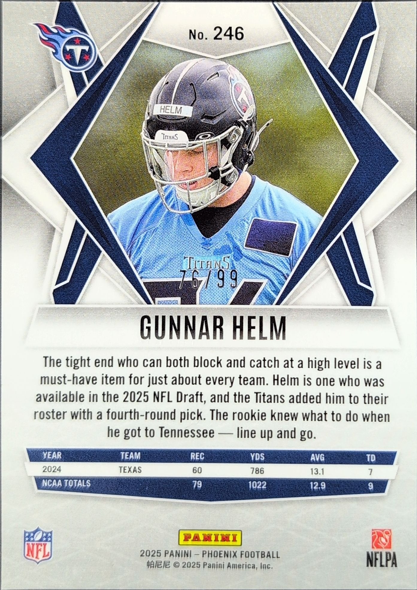 Gunnar Helm 2025 Panini Phoenix #246 Orange Winter Prizm Rookie RC Tennessee Titans - back image