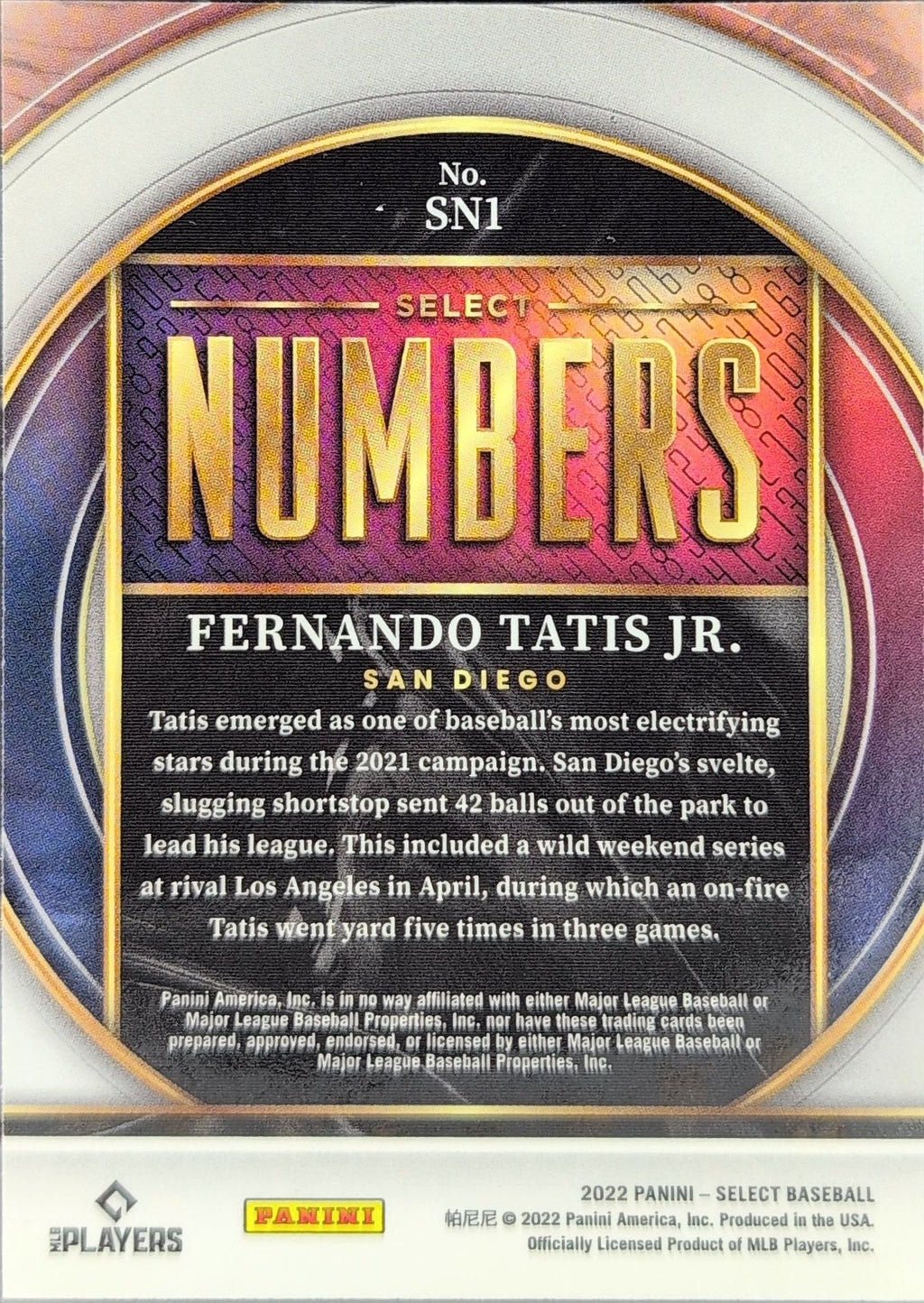 2022 Panini Select Fernando Tatis Jr. #SN1 Select Numbers San Diego Padres back