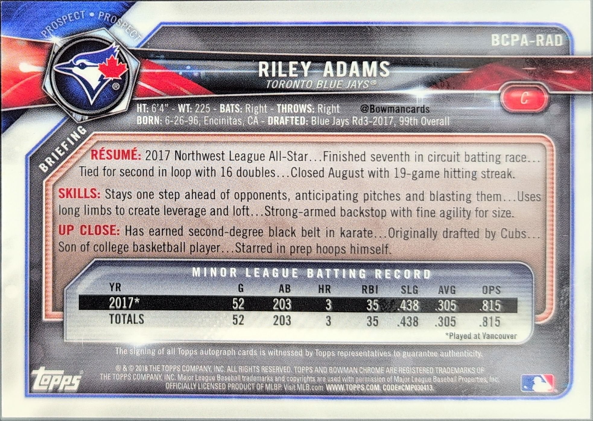 Riley Adams 2018 Bowman Chrome #BCPA-RAD Prospects Autographs Toronto Blue Jays - back image