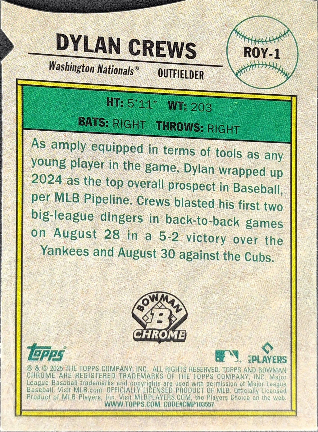 2025 Bowman Dylan Crews #ROY-1 Rookie of the Year Favorites Mega Refractor Washington Nationals back