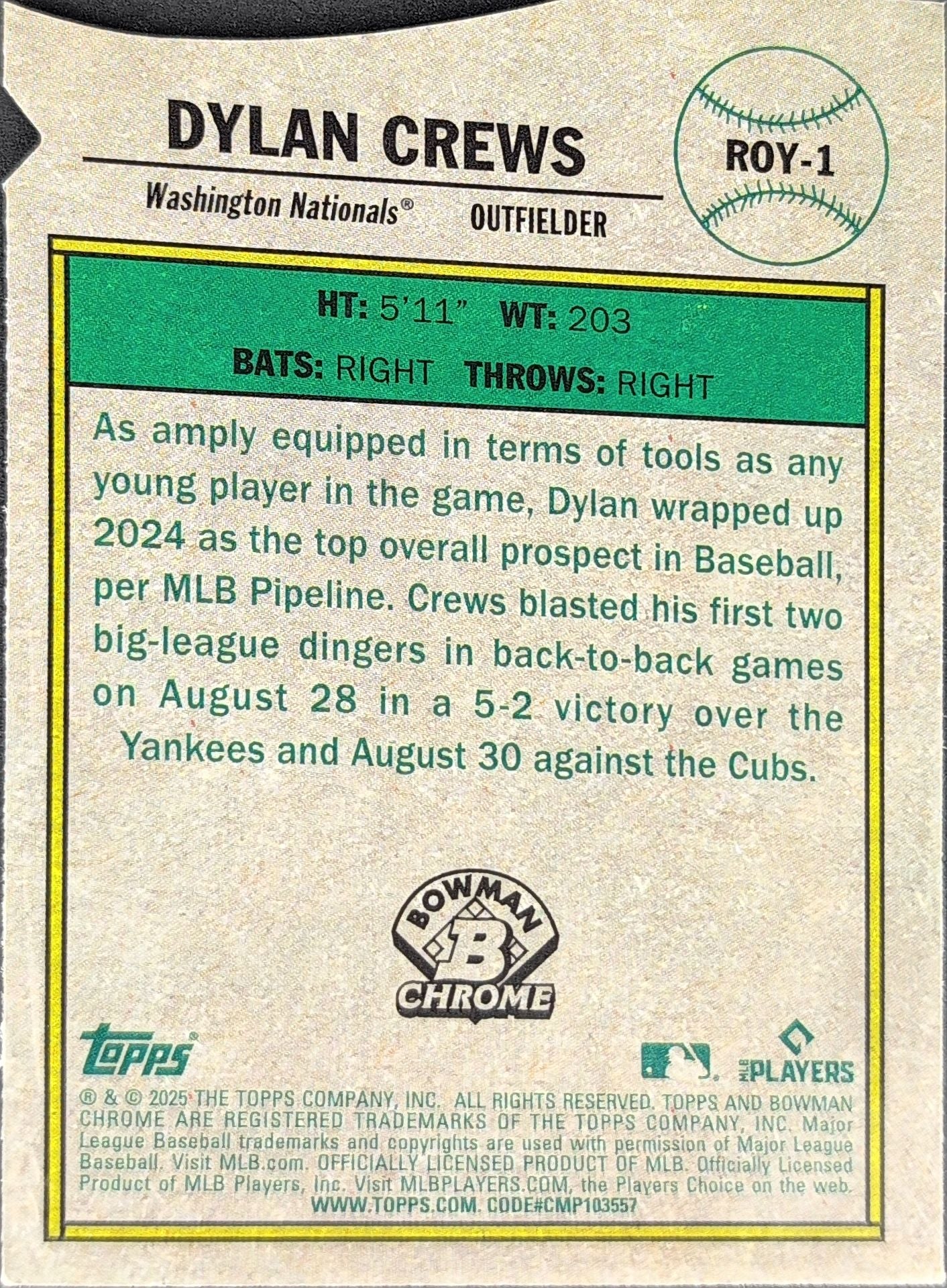 2025 Bowman Dylan Crews #ROY-1 Rookie of the Year Favorites Mega Refractor Washington Nationals back