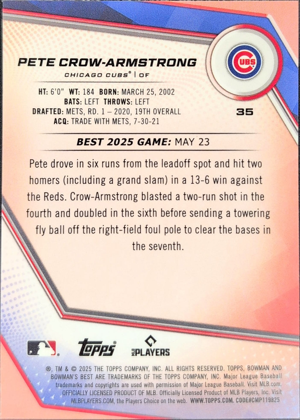 2025 Bowman's Best Pete Crow-Armstrong #35 Refractors Chicago Cubs back