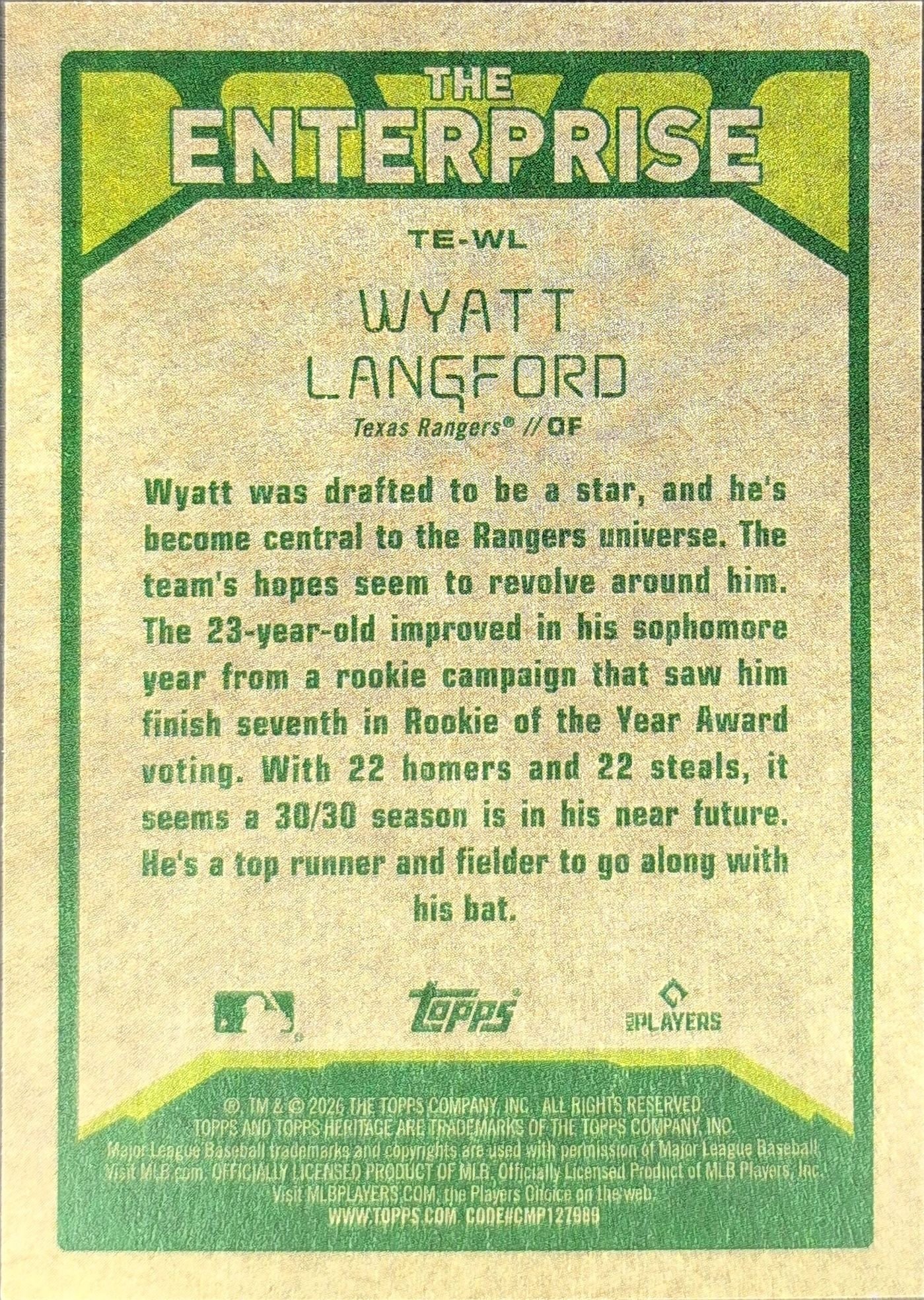 2026 Topps Heritage Wyatt Langford #TE-WL The Enterprise Texas Rangers back