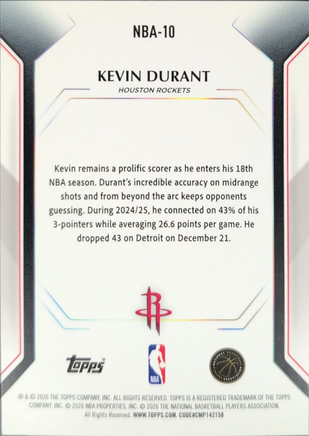 2025-26 Topps Kevin Durant #NBA-10 Topps Collector Kit Houston Rockets back