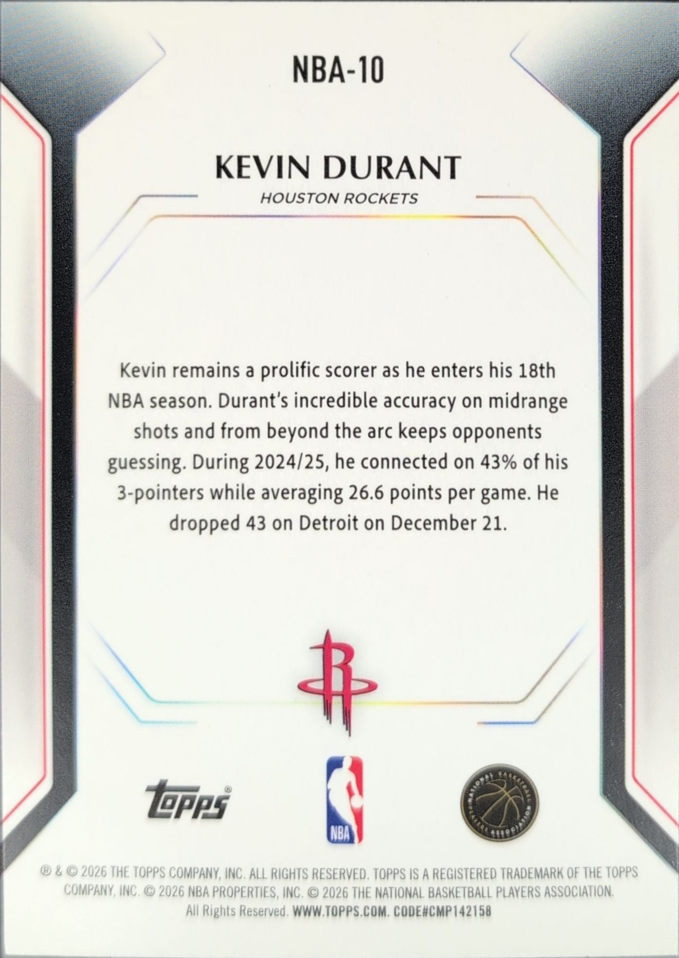 2025-26 Topps Kevin Durant #NBA-10 Topps Collector Kit Houston Rockets back