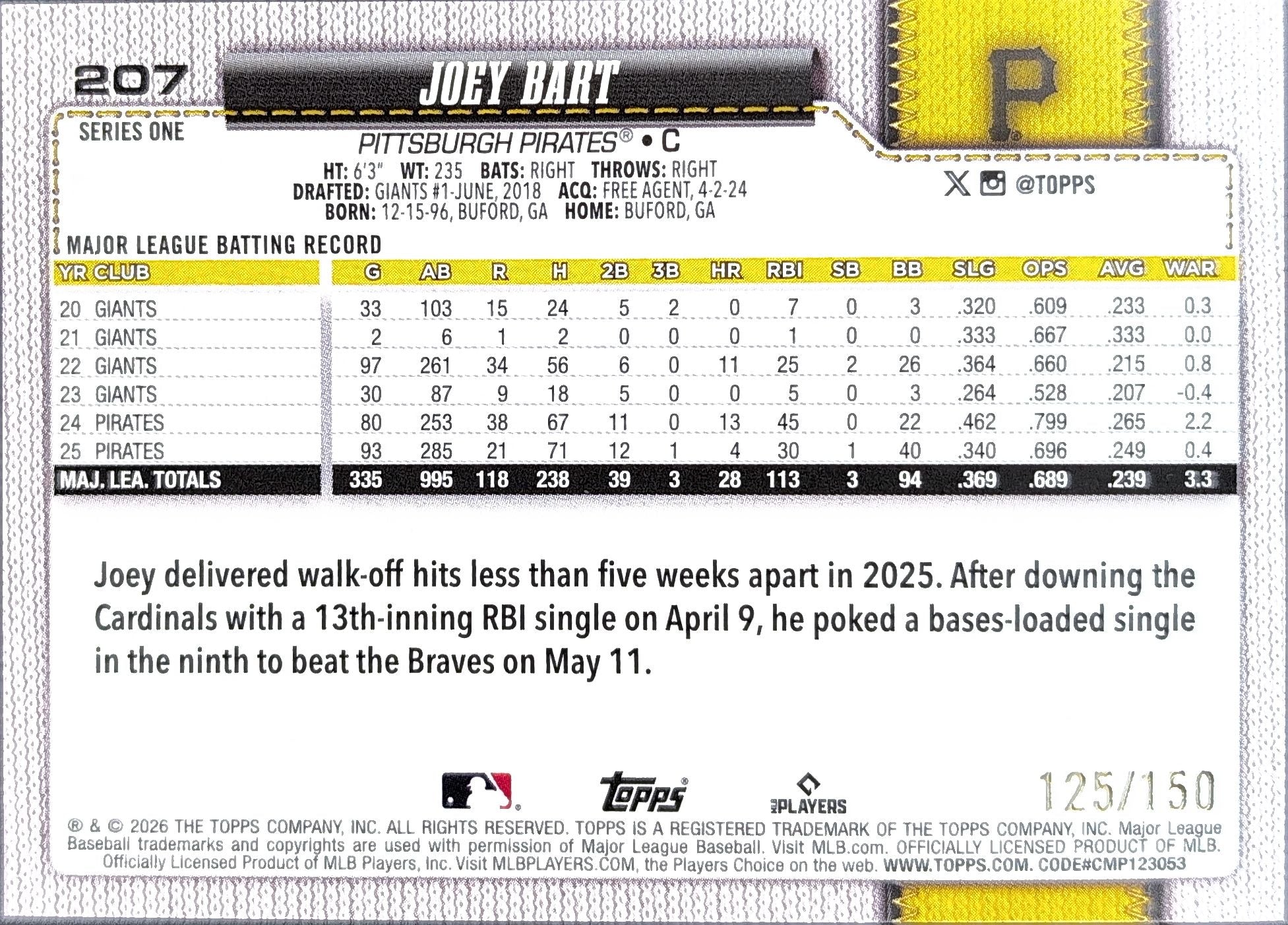 Joey Bart 2026 Topps #207 Blue Rainbow Foil Pittsburgh Pirates #/150