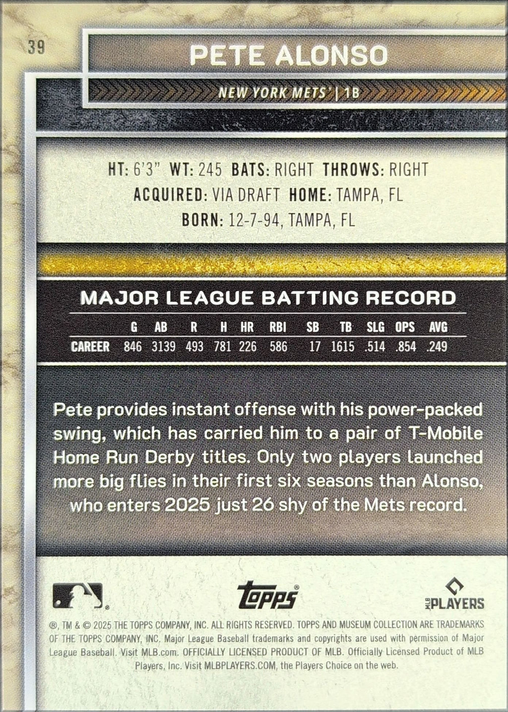 Pete Alonso 2025 Topps Museum Collection #39 New York Mets - back image