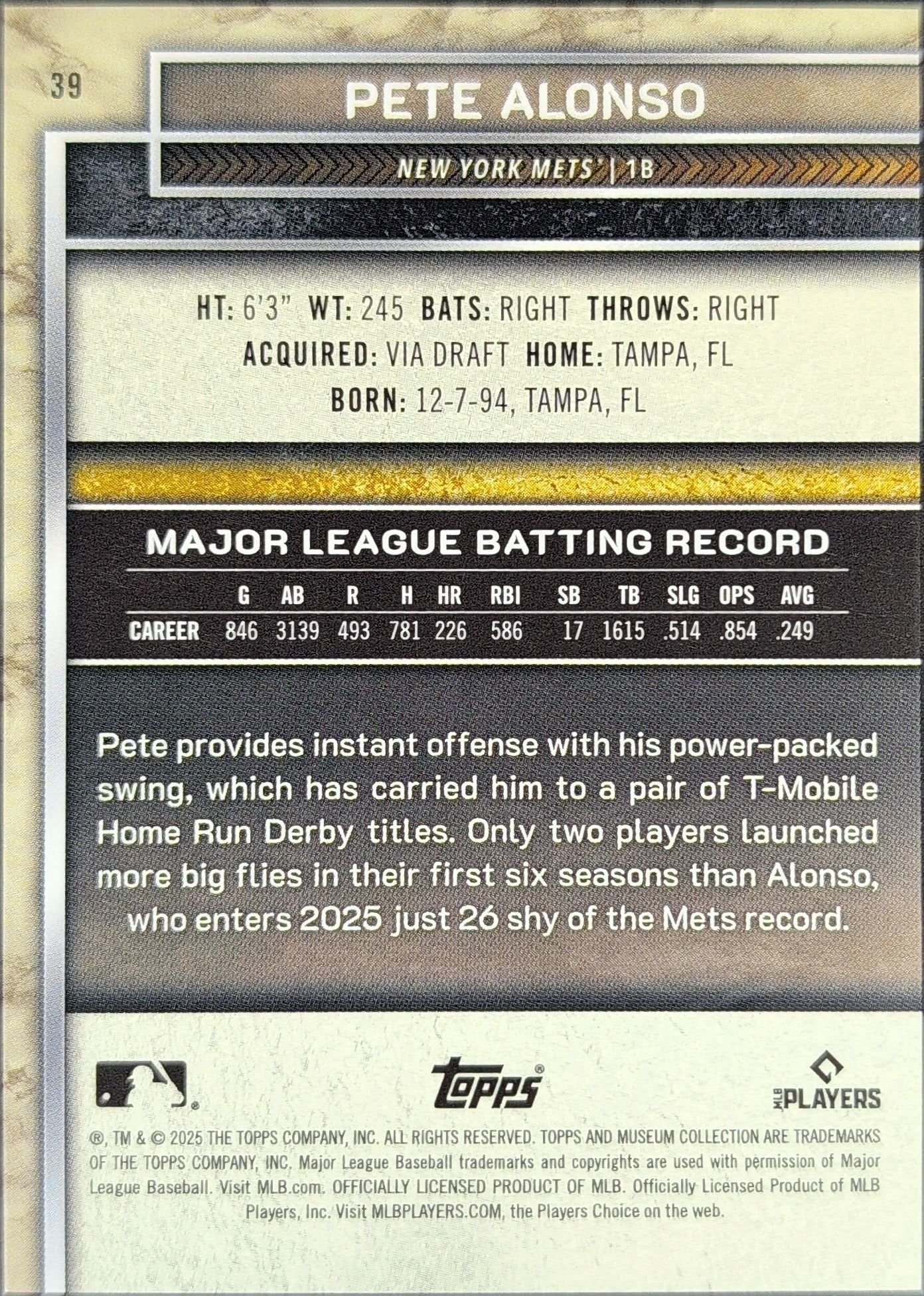 Pete Alonso 2025 Topps Museum Collection #39 New York Mets - back image