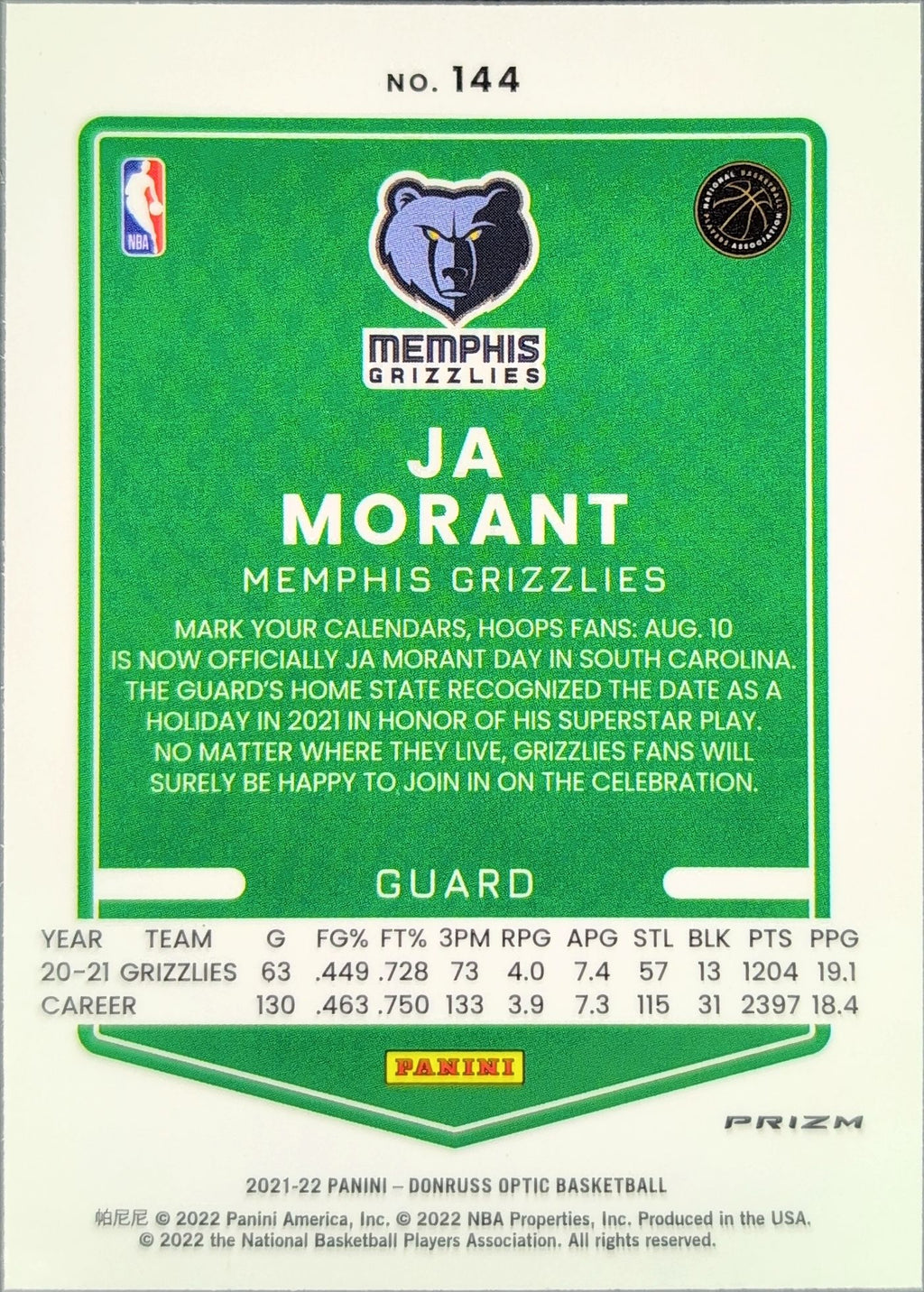 2021-22 Donruss Optic Ja Morant #144 Blue Velocity Memphis Grizzlies back