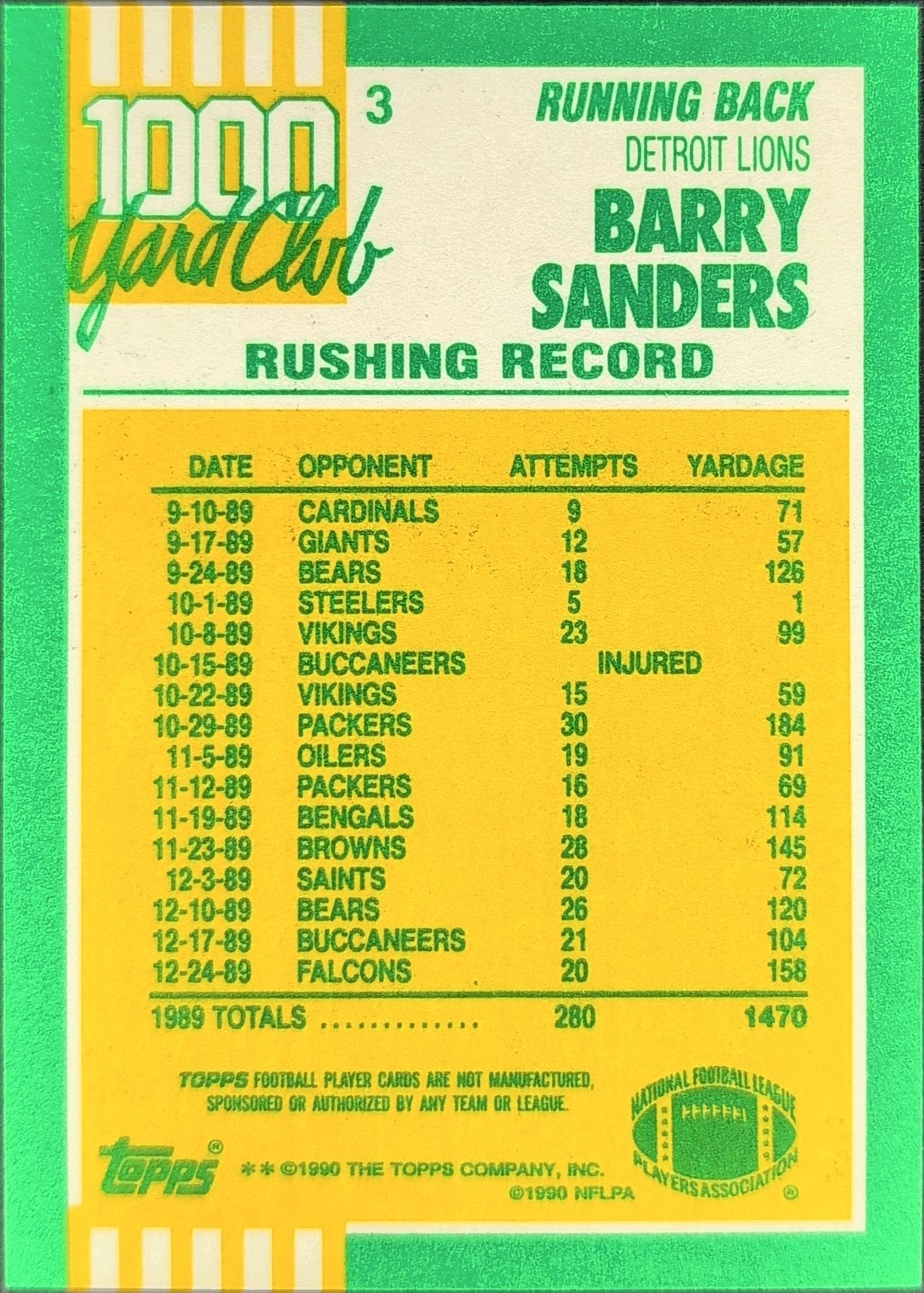 Barry Sanders 1990 Topps #3 1000 Yard Club Detroit Lions - back image