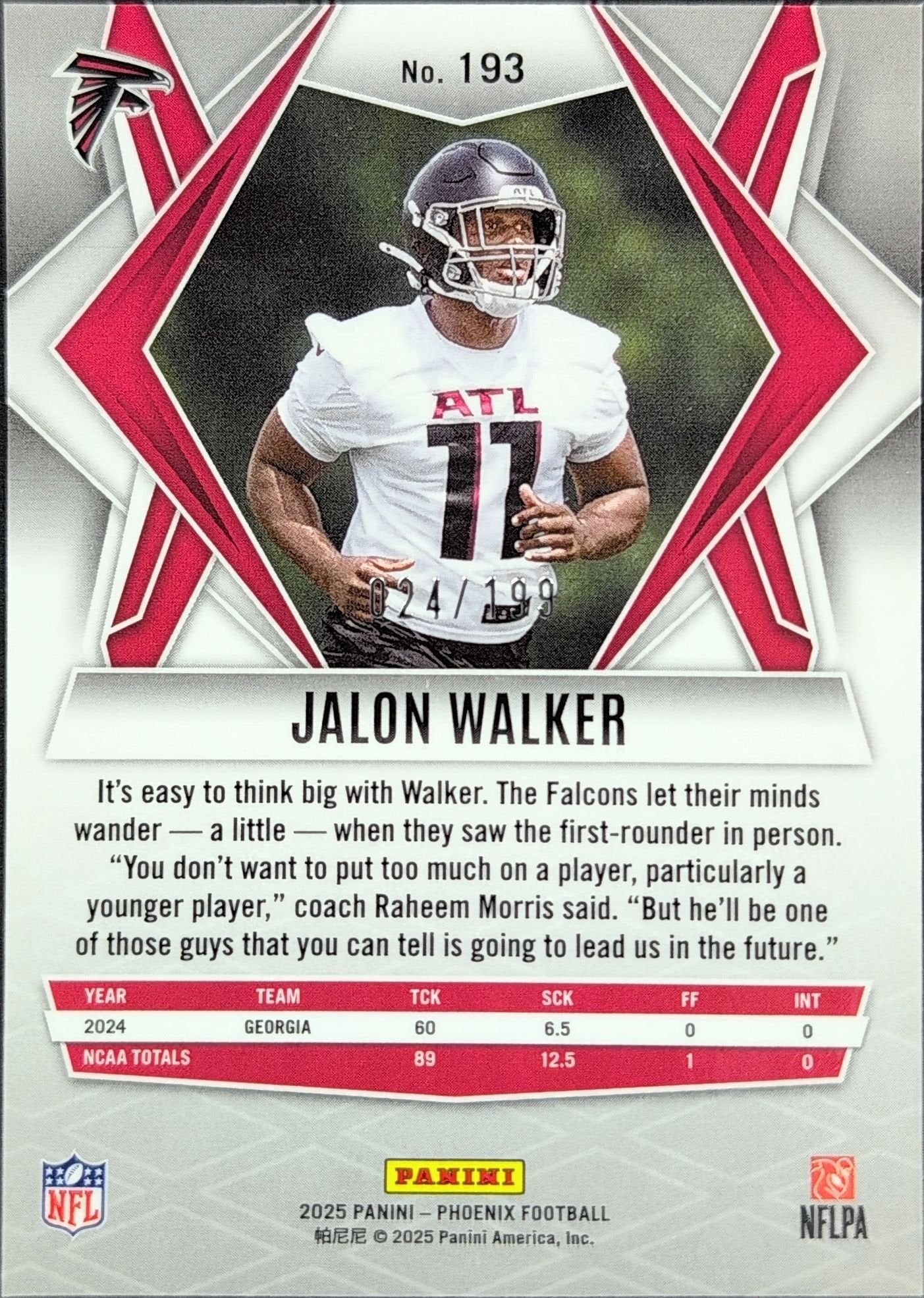 Jalon Walker 2025 Panini Phoenix #193 Red Lazer Prizm Rookie RC Atlanta Falcons - back image