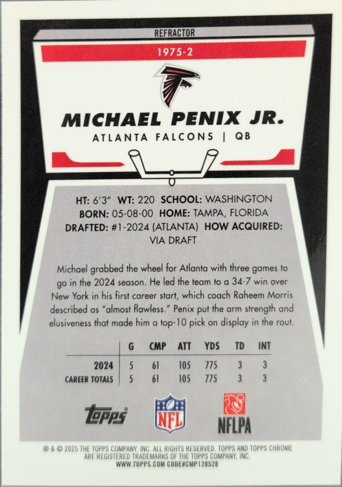 2025 Topps Chrome - 1975 Topps Refractor Michael Penix Jr. #1975-2 Atlanta Falcons back