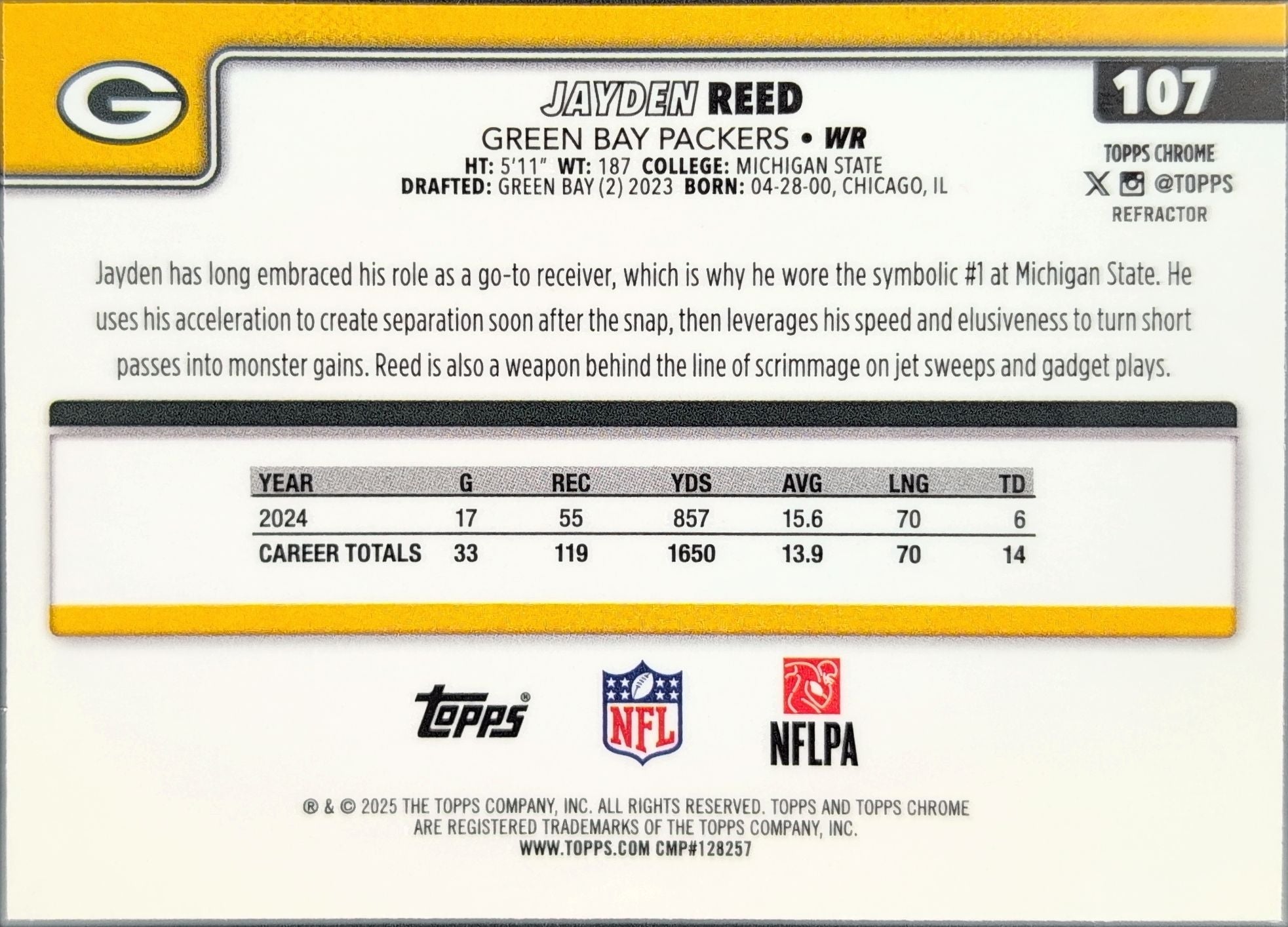 2025 Topps Chrome - Refractor Jayden Reed #107 Green Bay Packers back