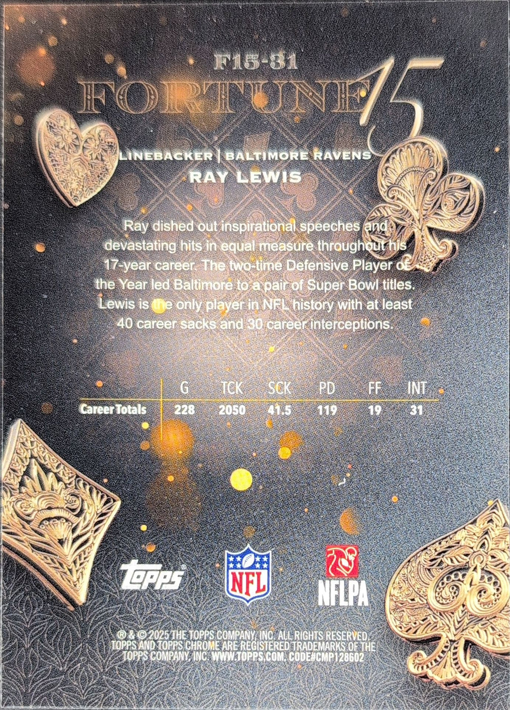 2025 Topps Chrome Ray Lewis #F15-31 Fortune 15 Baltimore Ravens back