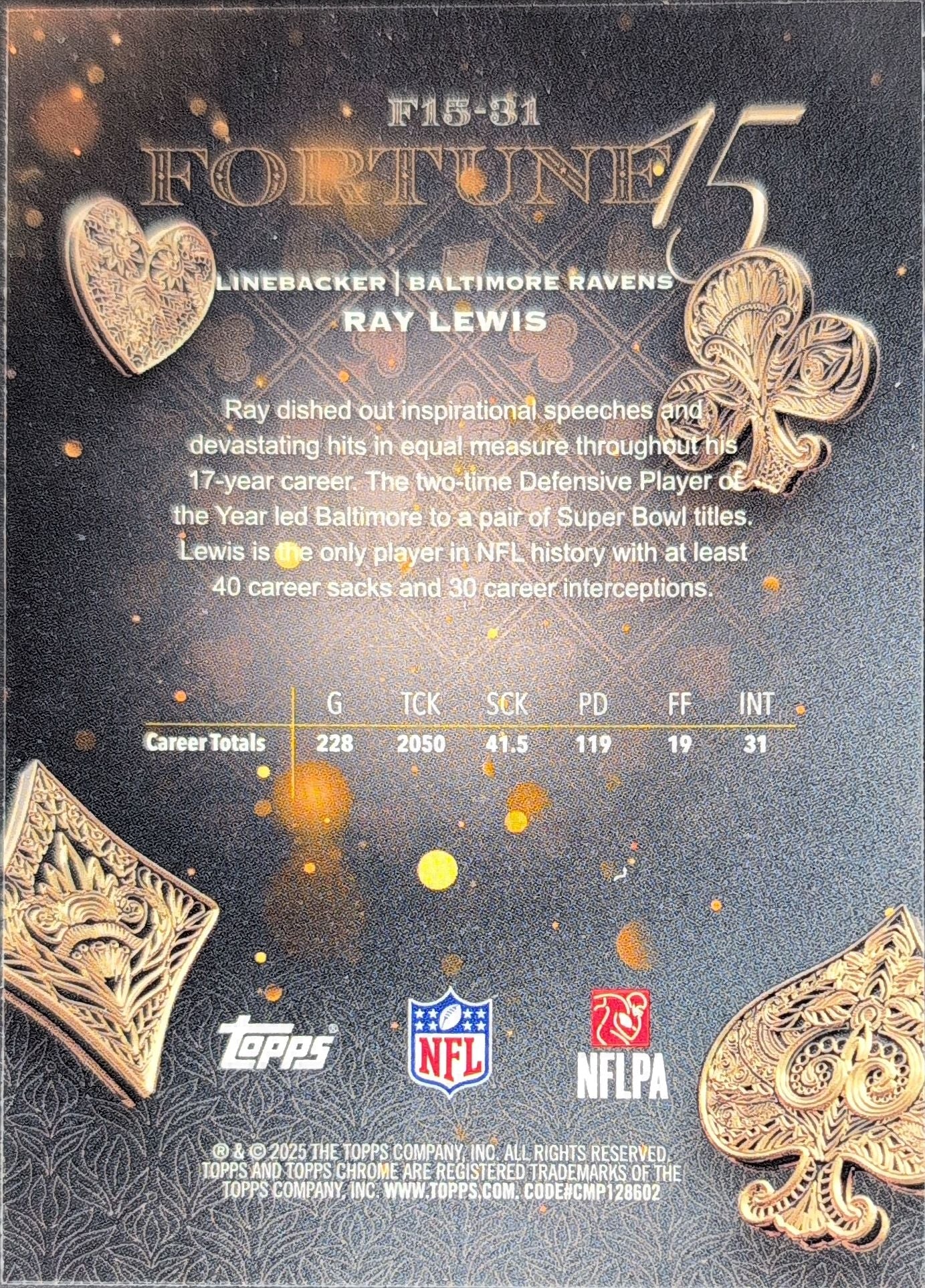2025 Topps Chrome Ray Lewis #F15-31 Fortune 15 Baltimore Ravens back