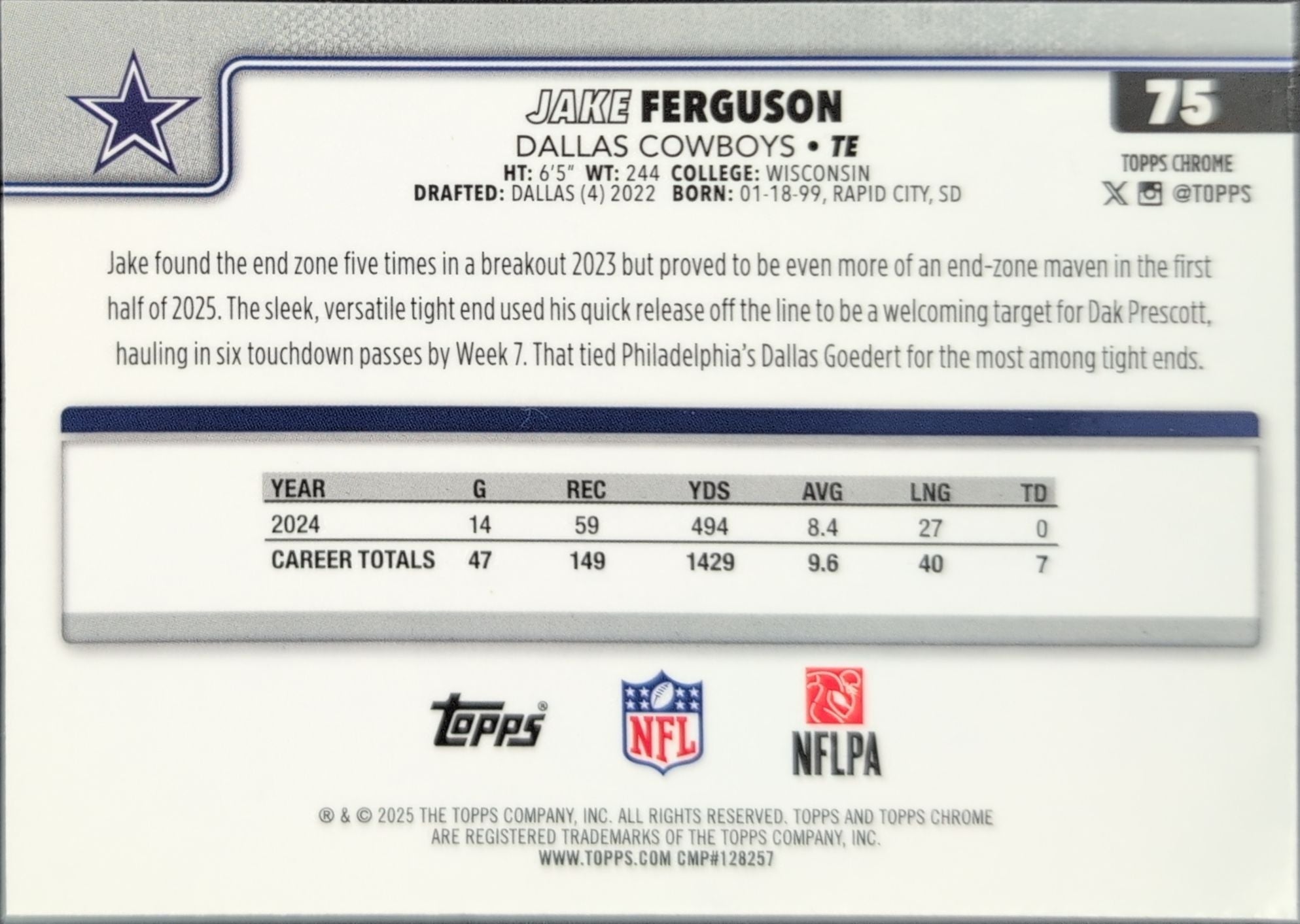 2025 Topps Chrome - Football Leather Refractor Jake Ferguson #75 Dallas Cowboys back