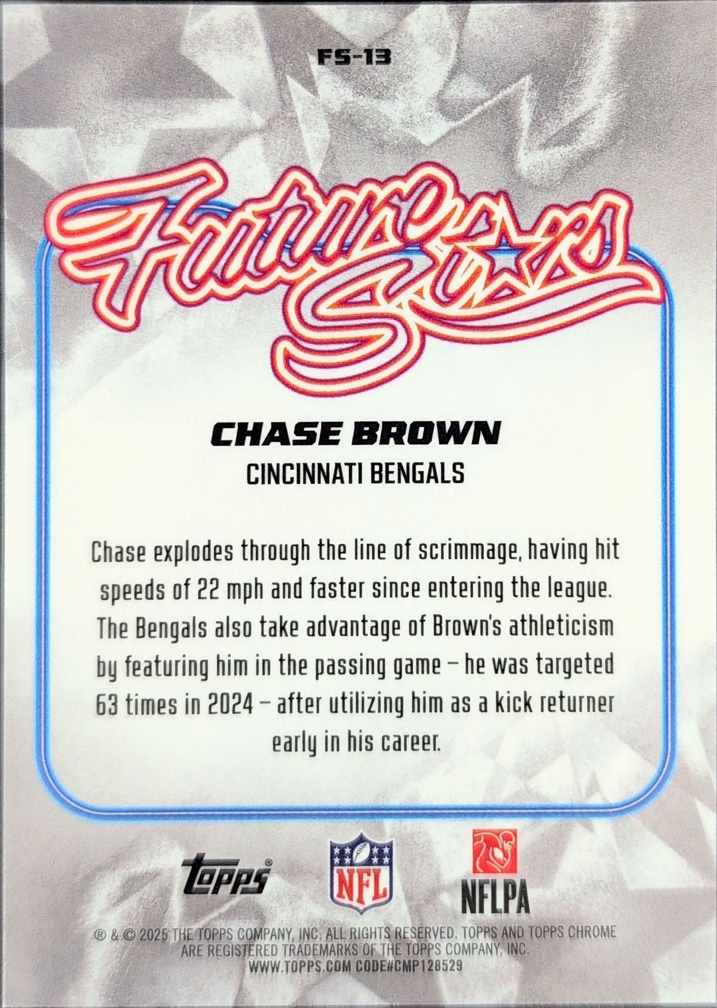 Chase Brown 2025 Topps Chrome #FS-13 Future Stars Cincinnati Bengals - back image