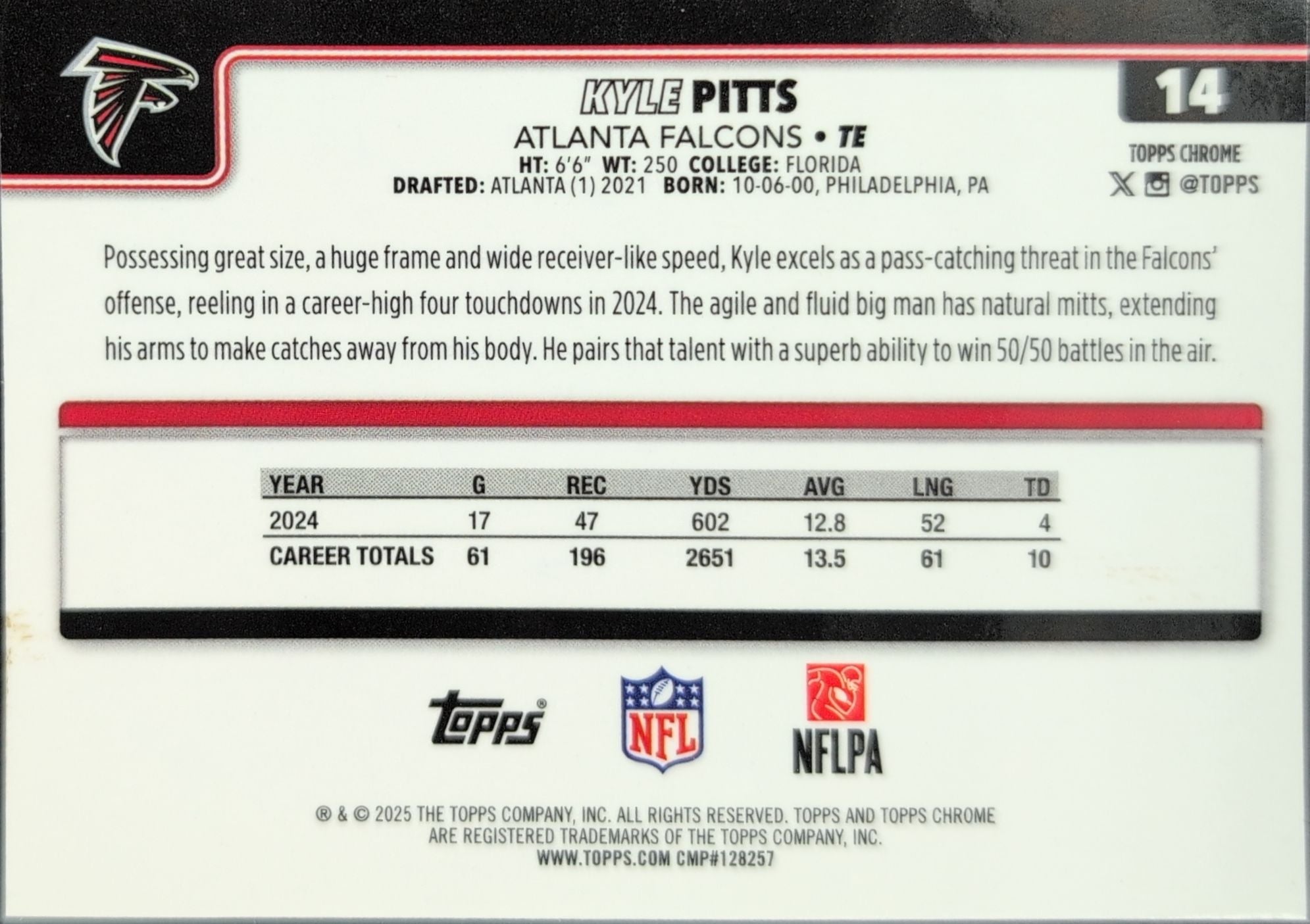2025 Topps Chrome - Red White and Blue Refractor Kyle Pitts #14 Atlanta Falcons back