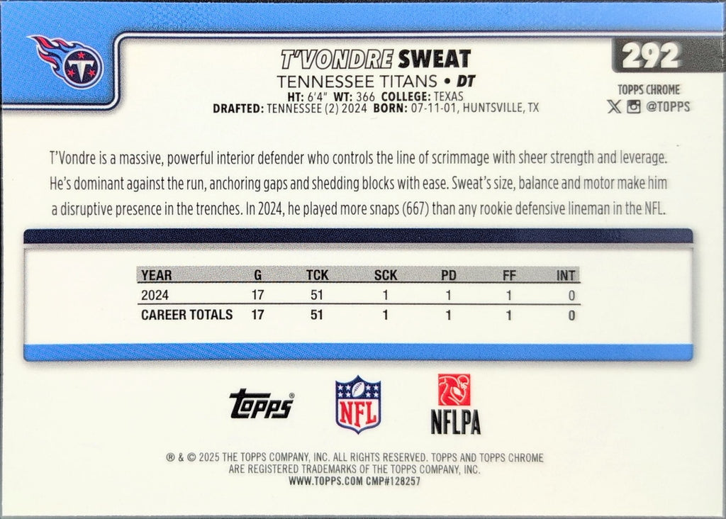 2025 Topps Chrome - Ray Wave Refractor T'Vondre Sweat #292 Tennessee Titans back