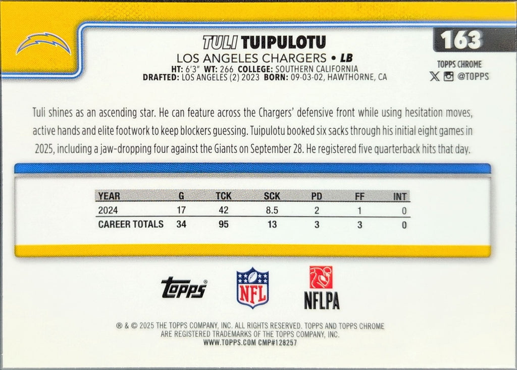 2025 Topps Chrome - Pulsar Refractor Tuli Tuipulotu #163 Los Angeles Chargers back
