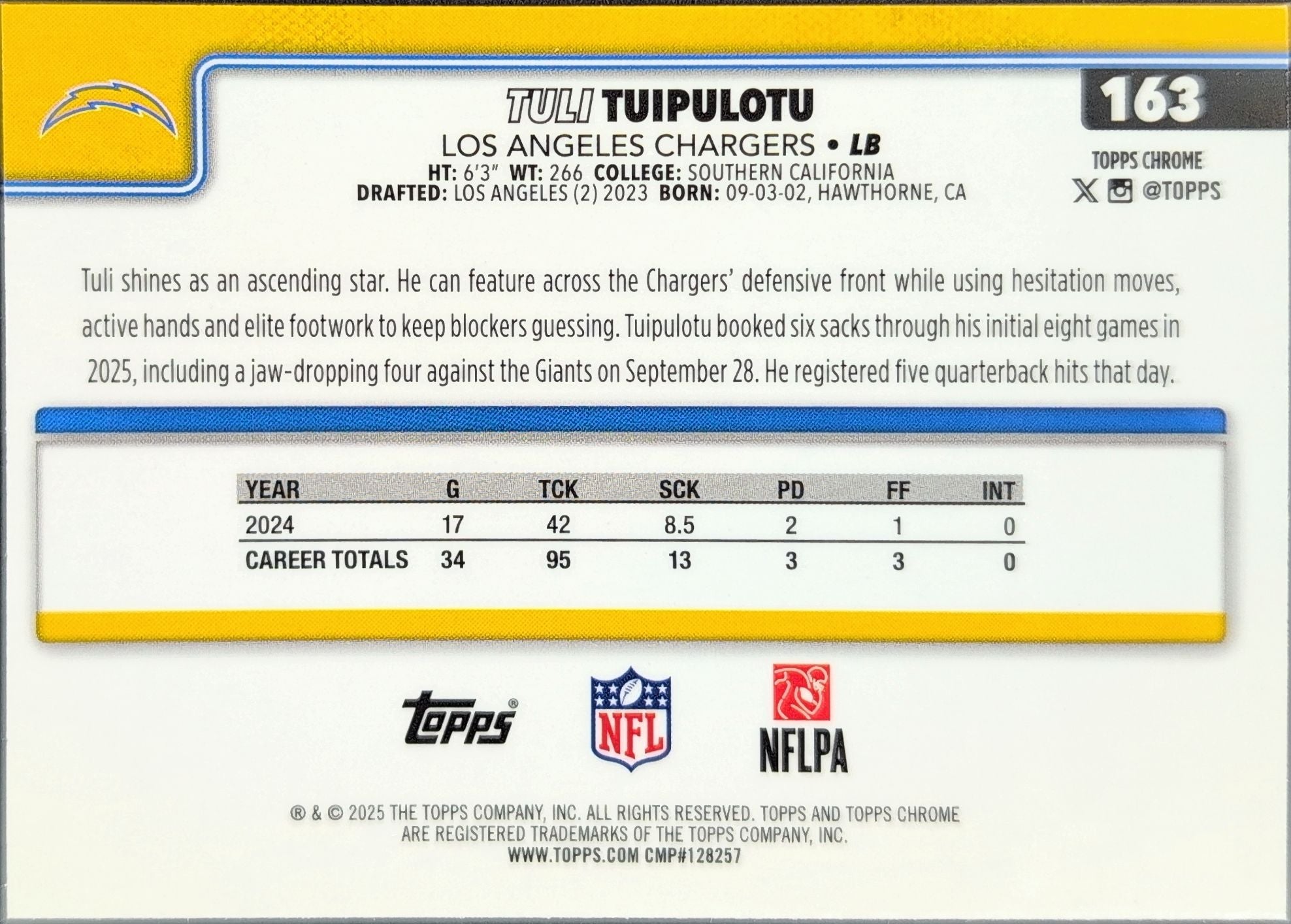 Tuli Tuipulotu 2025 Topps Chrome - Pulsar Refractor #163 Los Angeles Chargers