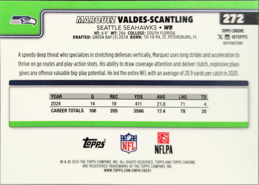 2025 Topps Chrome - Refractor Marquez Valdes-Scantling #272 Seattle Seahawks back