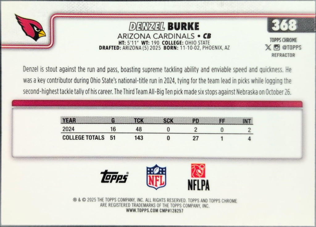 2025 Topps Chrome - Refractor Denzel Burke #368 RC Arizona Cardinals back