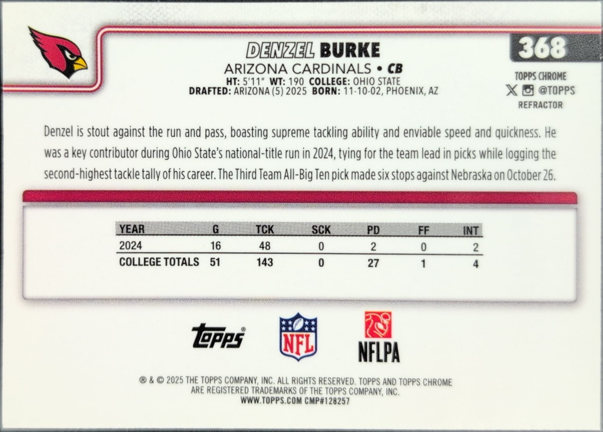2025 Topps Chrome - Refractor Denzel Burke #368 RC Arizona Cardinals back