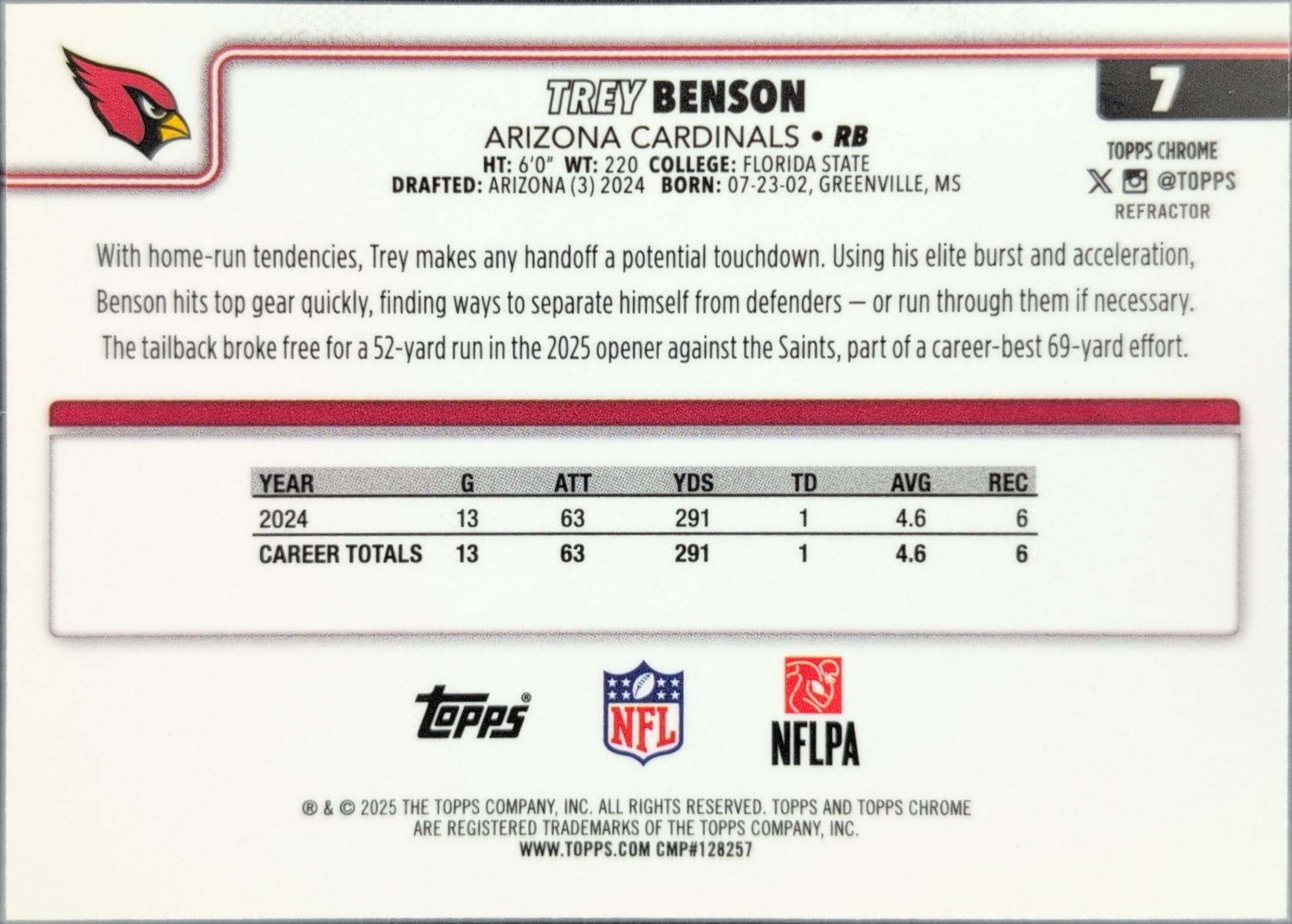 2025 Topps Chrome - Refractor Trey Benson #7 Arizona Cardinals back
