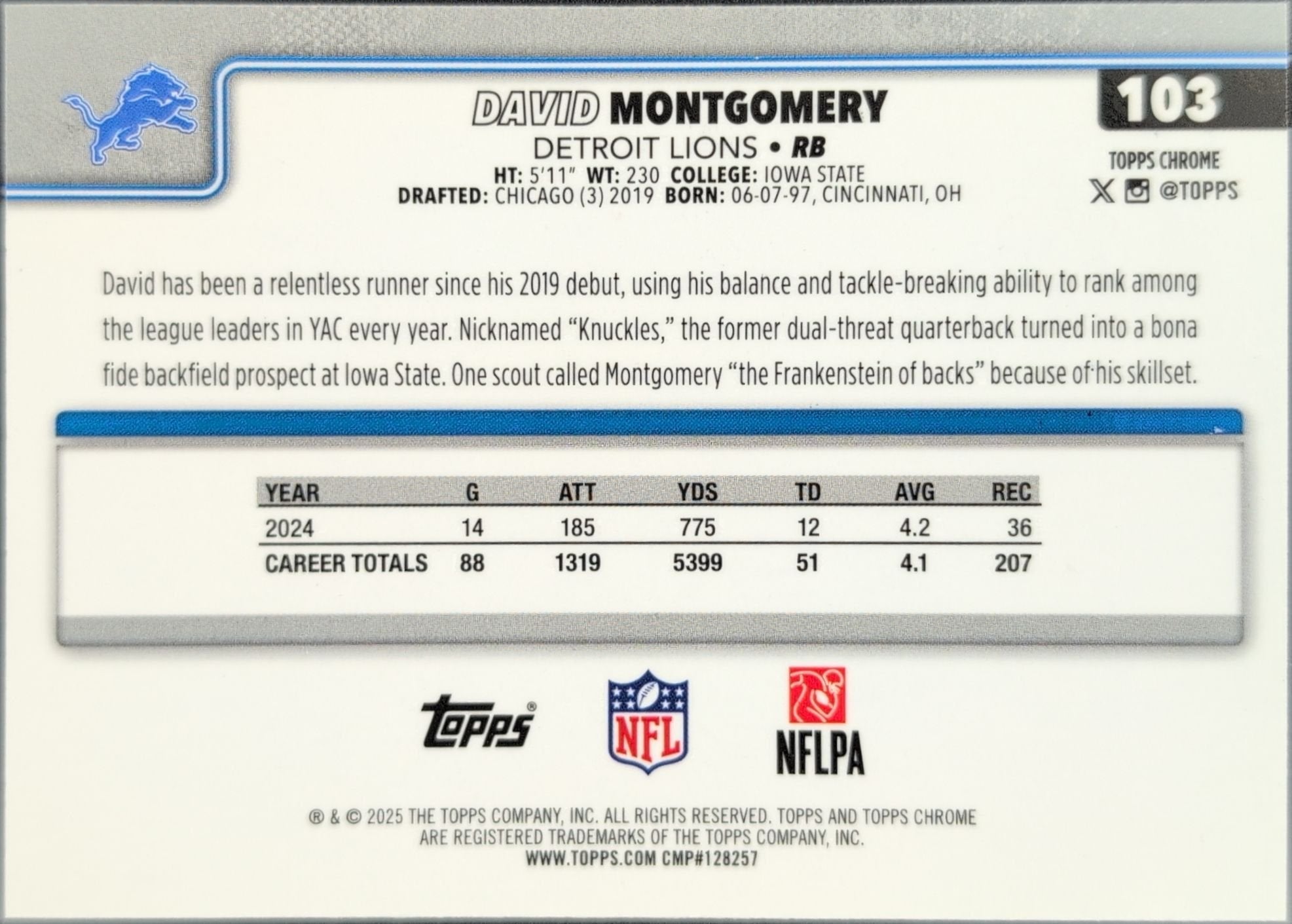 David Montgomery 2025 Topps Chrome - Ray Wave Refractor #103 Detroit Lions - back image