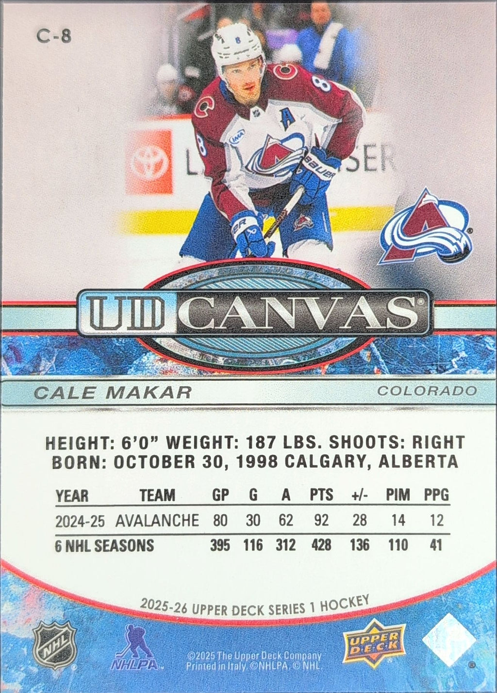 2025-26 Upper Deck Cale Makar #C-8 UD Canvas Colorado Avalanche back