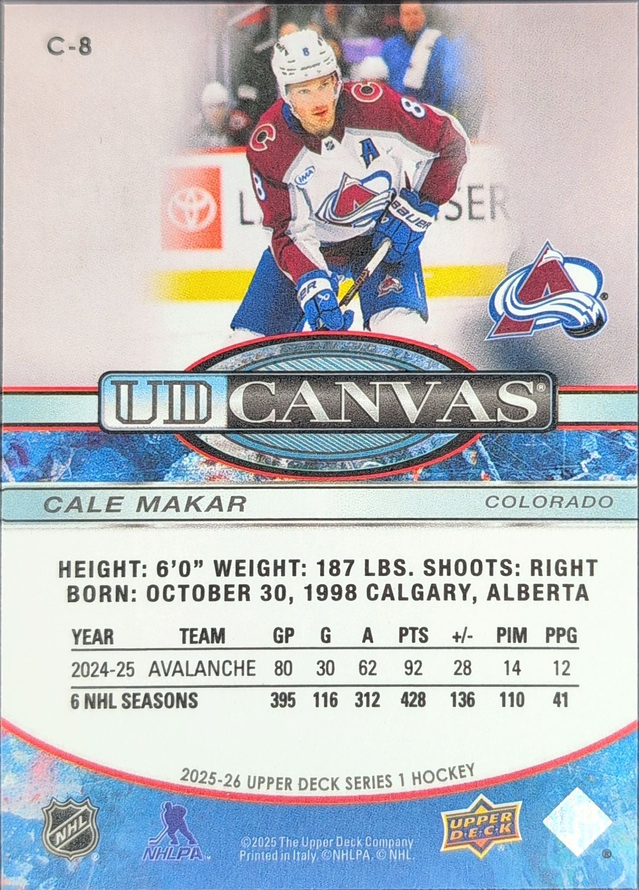 2025-26 Upper Deck Cale Makar #C-8 UD Canvas Colorado Avalanche back