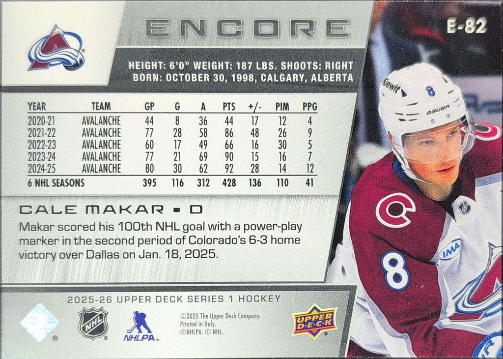 2025-26 Upper Deck Cale Makar #E-82 Encore Blue Colorado Avalanche back