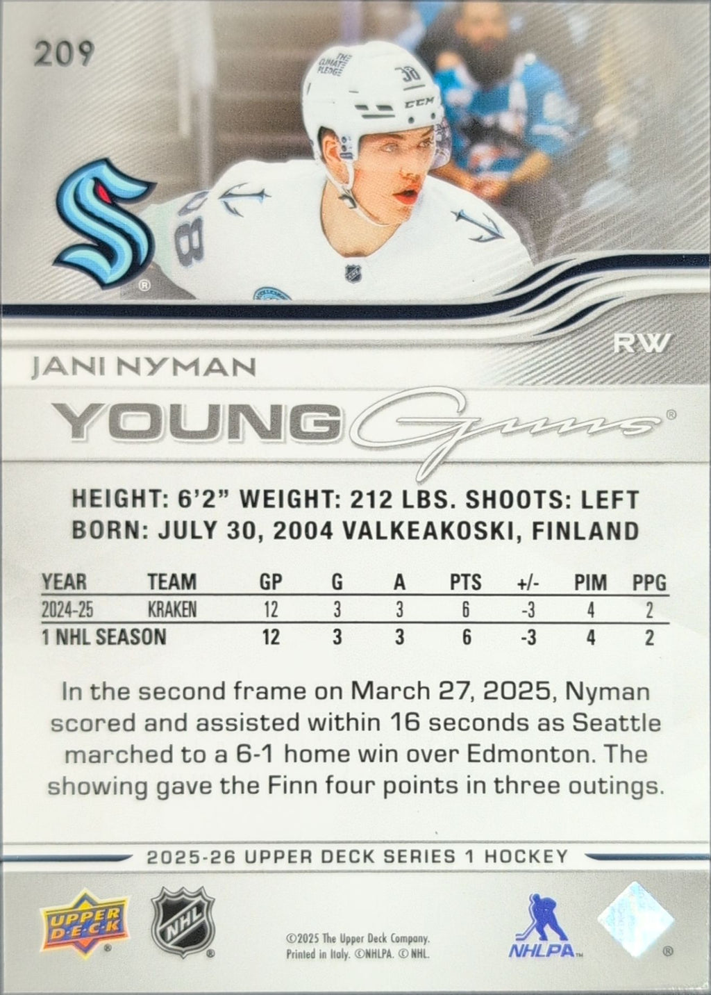 2025-26 Upper Deck Jani Nyman #209 RC Seattle Kraken back